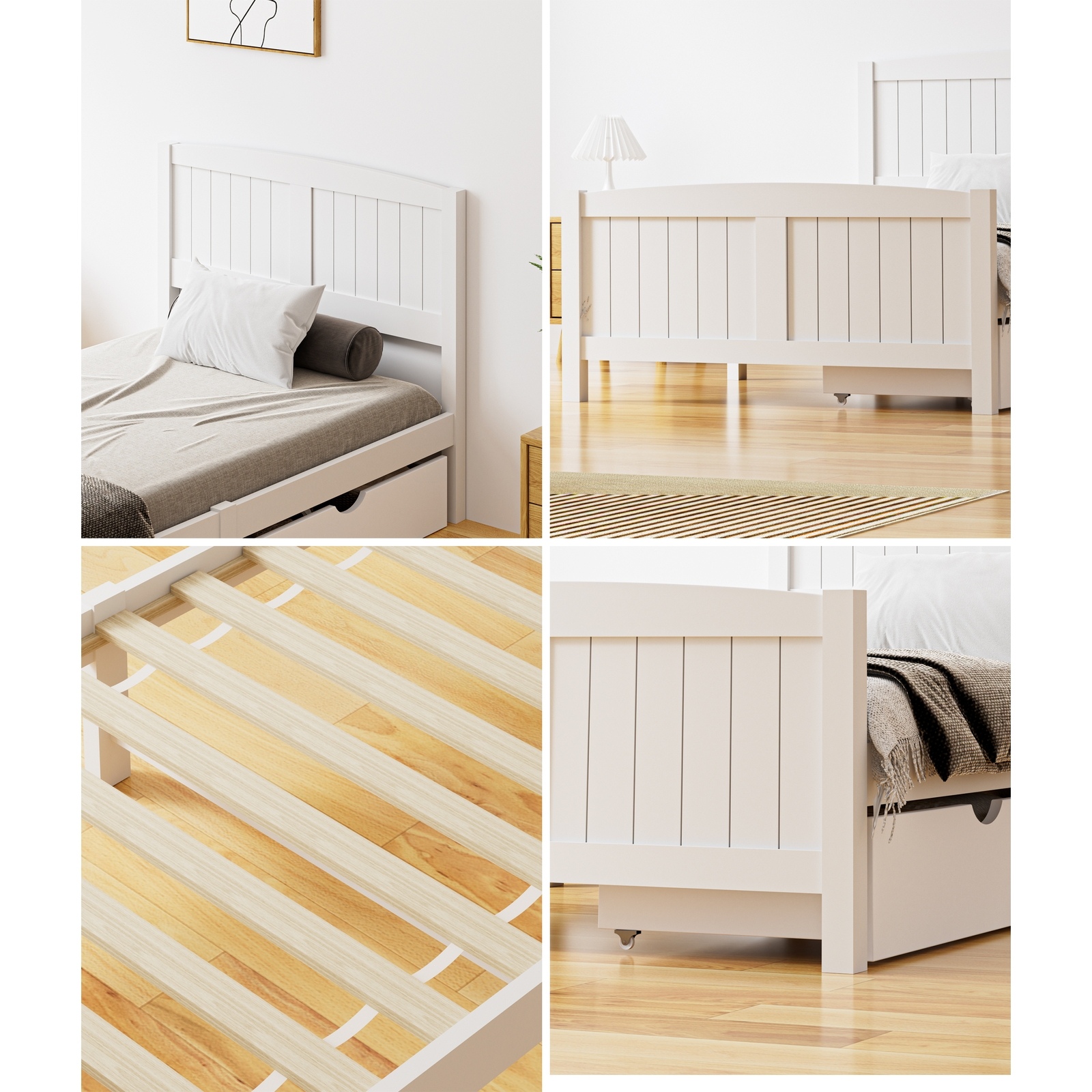 Oikiture Wooden Bed Frame Quenn Double King Single Base with Drawers White META - Picture 28 of 48