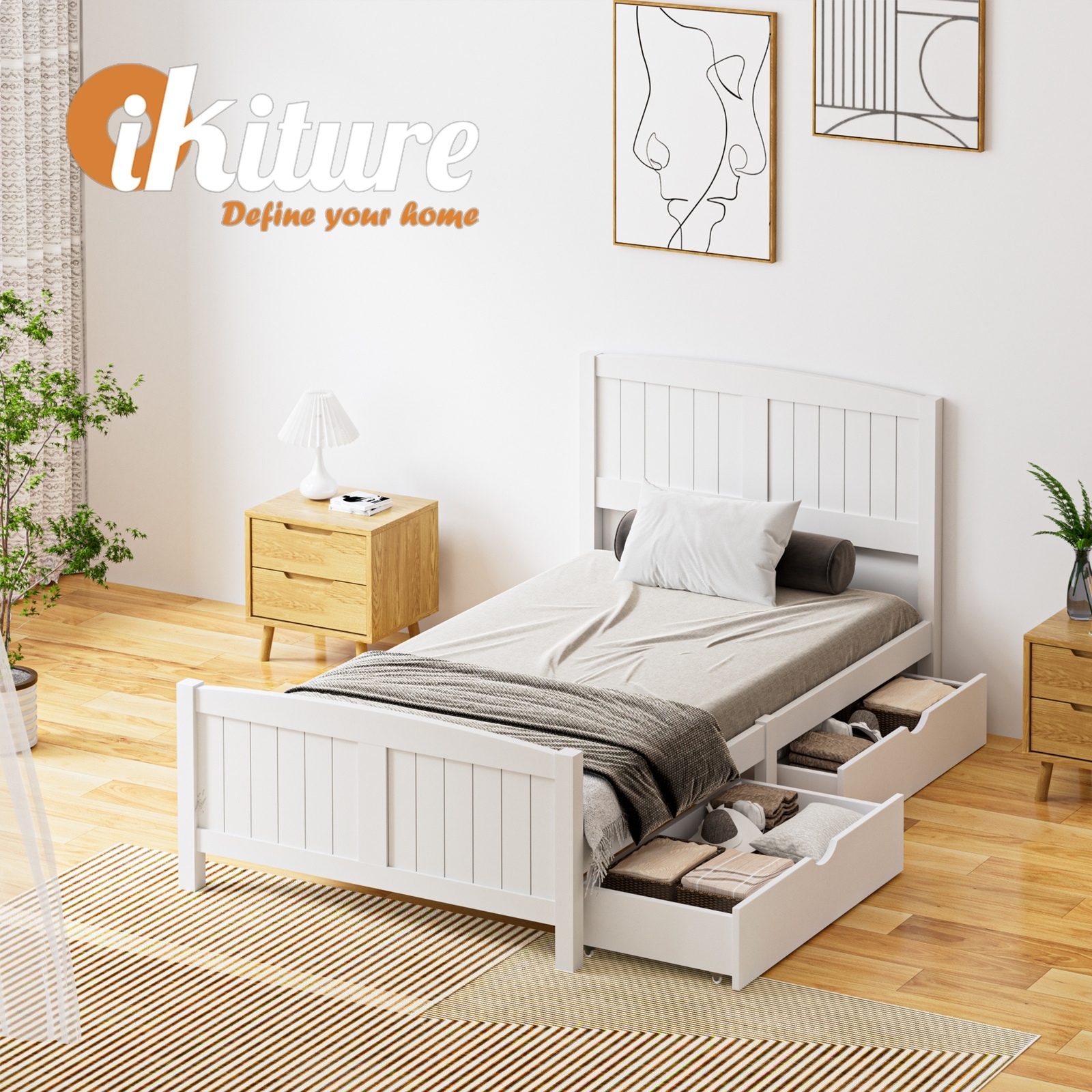 Oikiture Wooden Bed Frame Quenn Double King Single Base with Drawers White META - Picture 29 of 48