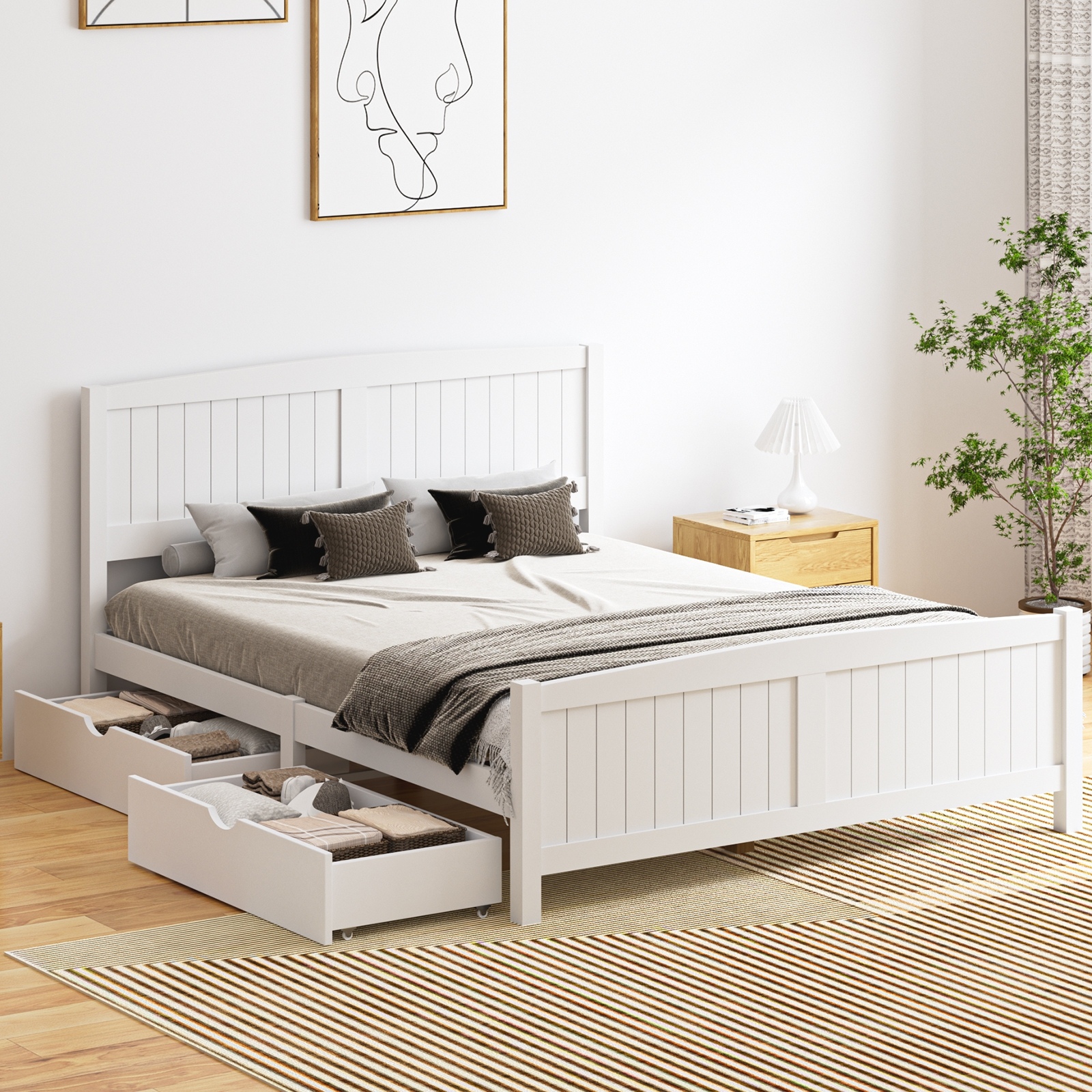 Oikiture Wooden Bed Frame Quenn Double King Single Base with Drawers White META - Picture 33 of 48