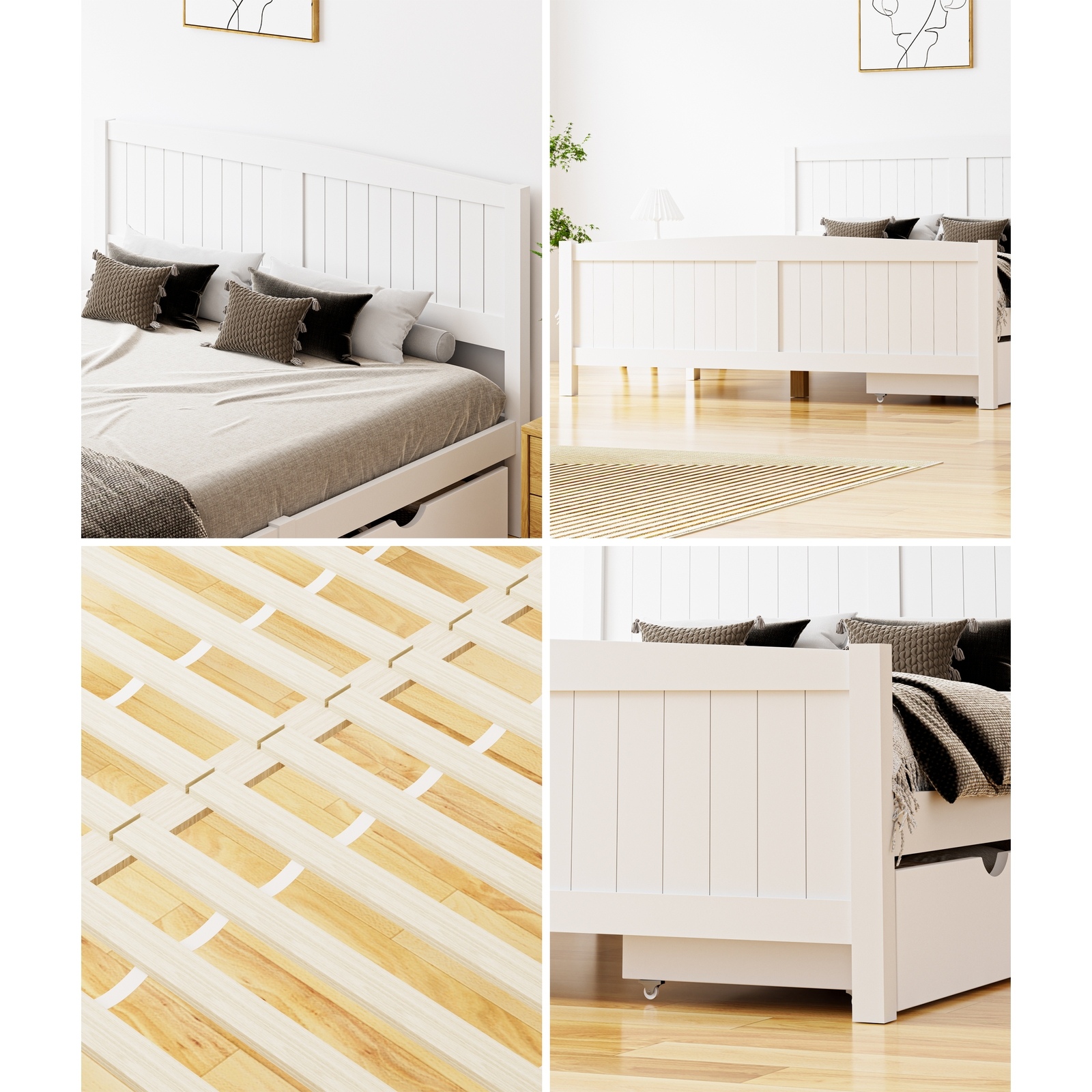 Oikiture Wooden Bed Frame Quenn Double King Single Base with Drawers White META - Picture 36 of 48