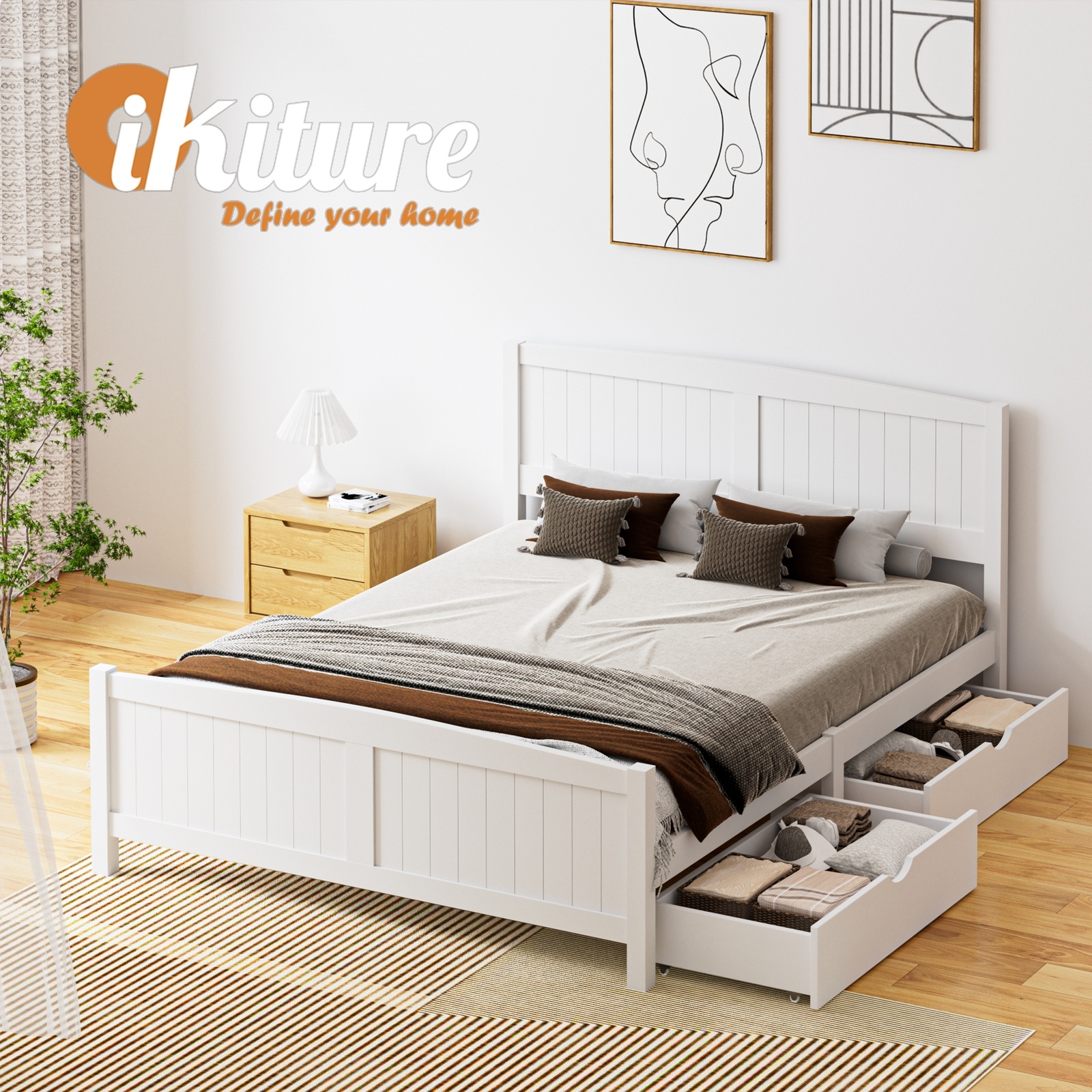 Oikiture Wooden Bed Frame Quenn Double King Single Base with Drawers White META - Picture 37 of 48