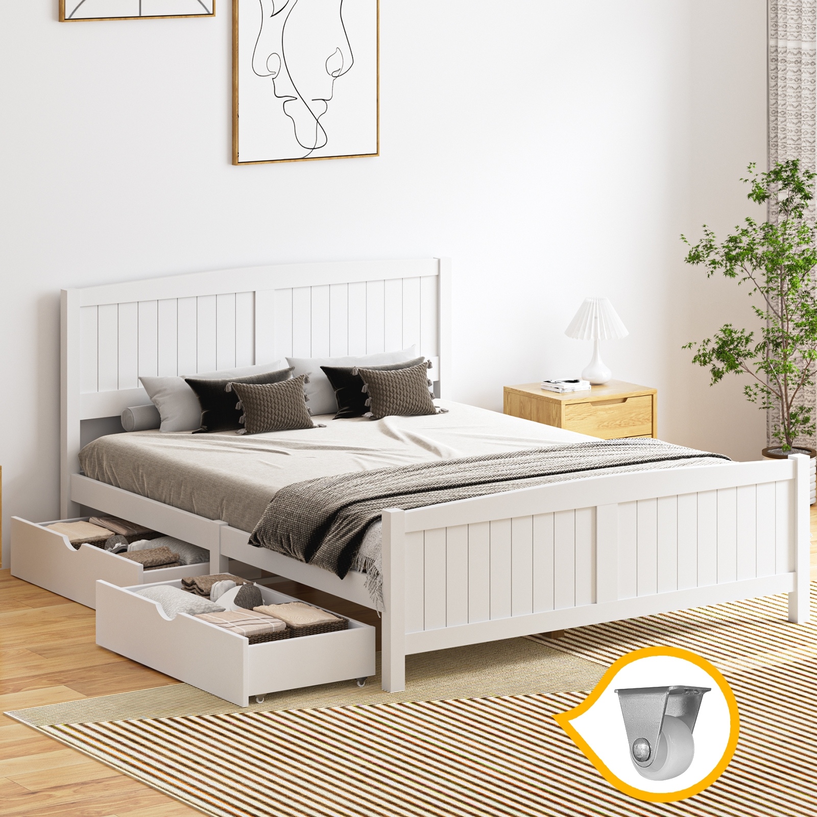 Oikiture Wooden Bed Frame Quenn Double King Single Base with Drawers White META - Picture 40 of 48