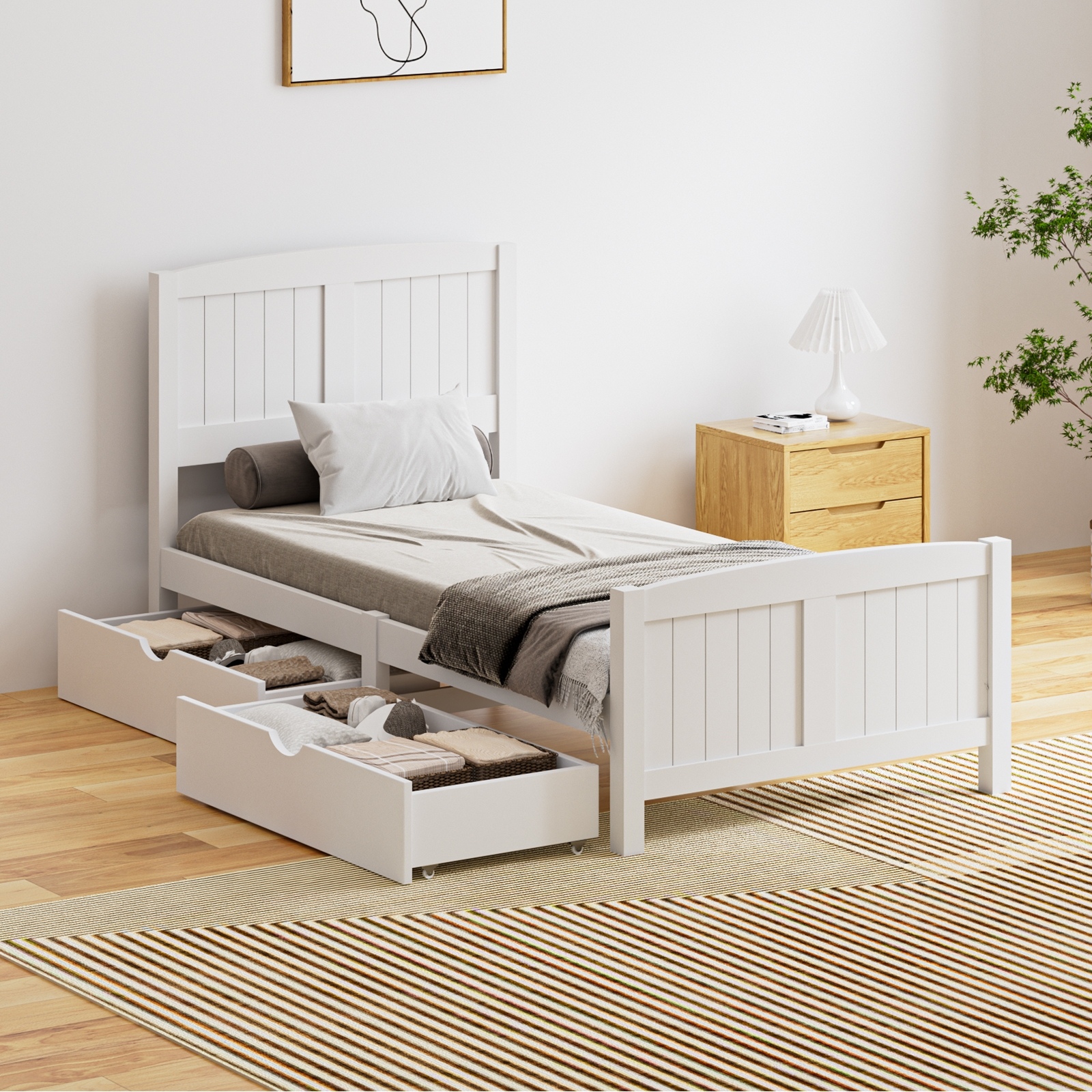 Oikiture Wooden Bed Frame Quenn Double King Single Base with Drawers White META - Picture 41 of 48