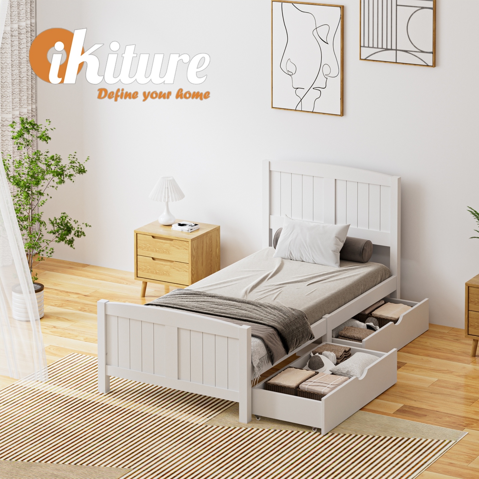 Oikiture Wooden Bed Frame Quenn Double King Single Base with Drawers White META - Picture 45 of 48