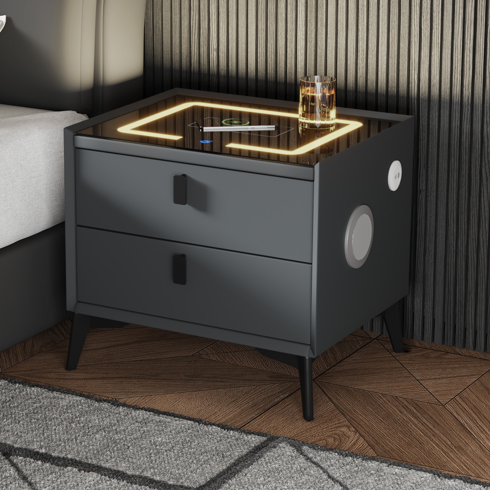 Oikiture Smart Bedside Table Wireless Charging LED 2 Drawers Nightstand - Picture 11 of 28