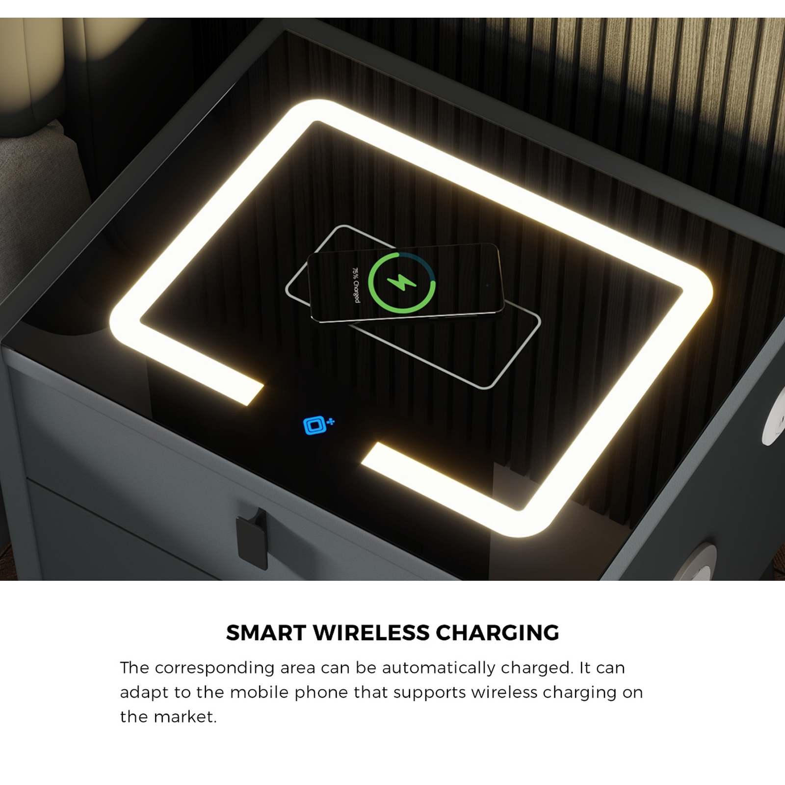Oikiture Smart Bedside Table Wireless Charging LED 2 Drawers Nightstand - Picture 13 of 28