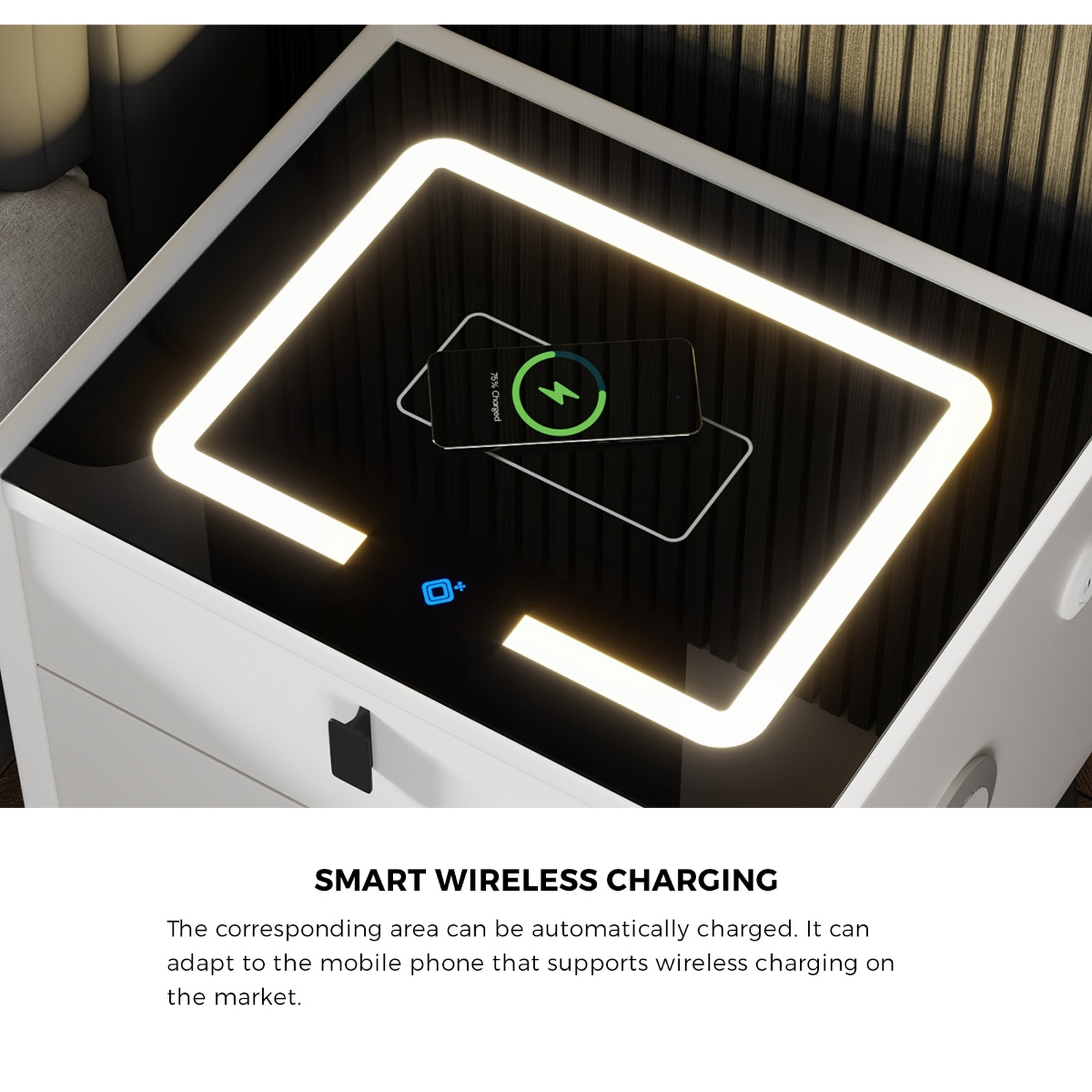 Oikiture Smart Bedside Table Wireless Charging LED 2 Drawers Nightstand - Picture 22 of 28