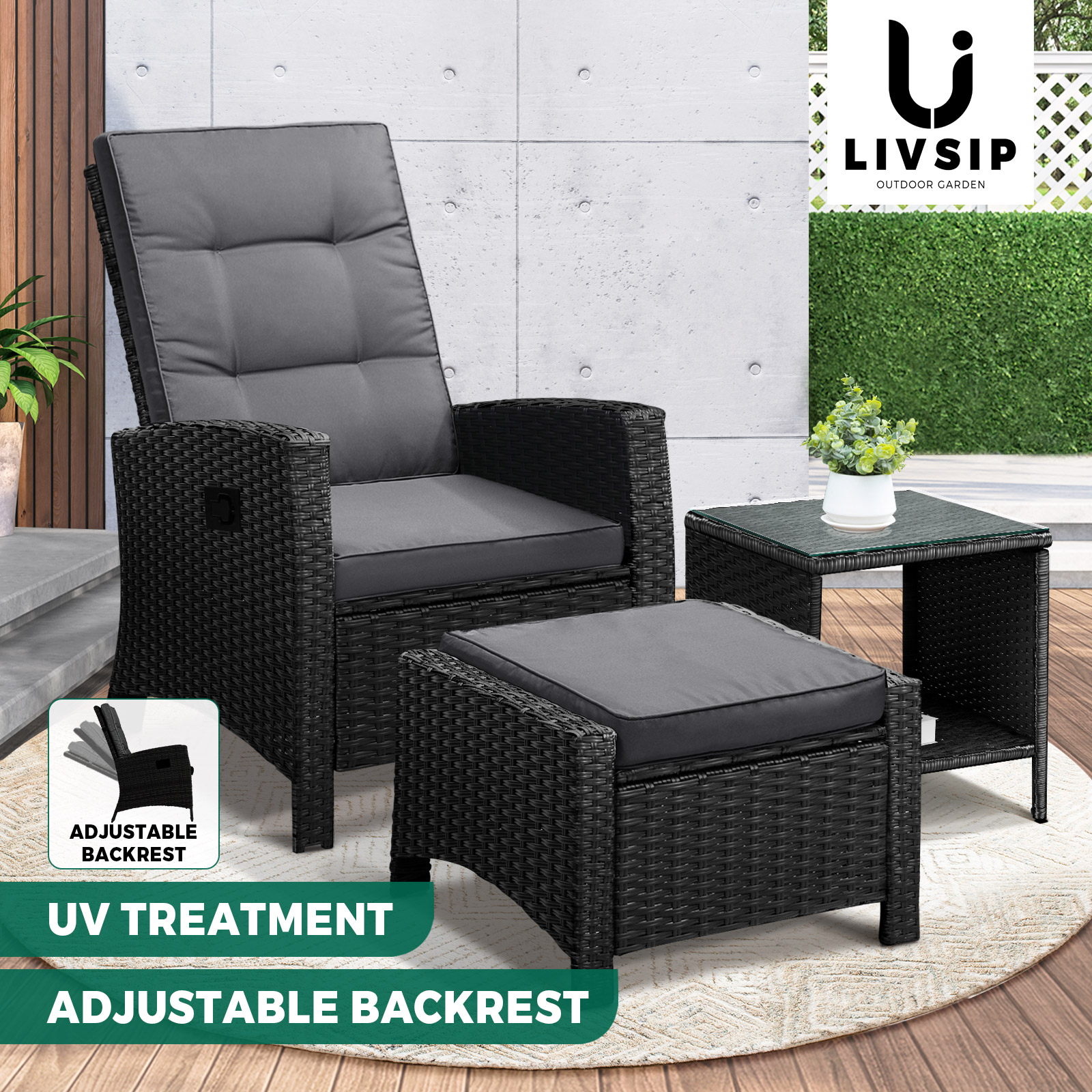 Livsip Recliner Chairs Outdoor Sun Lounge Wicker Sofa Patio Furniture Setting - Picture 6 of 97