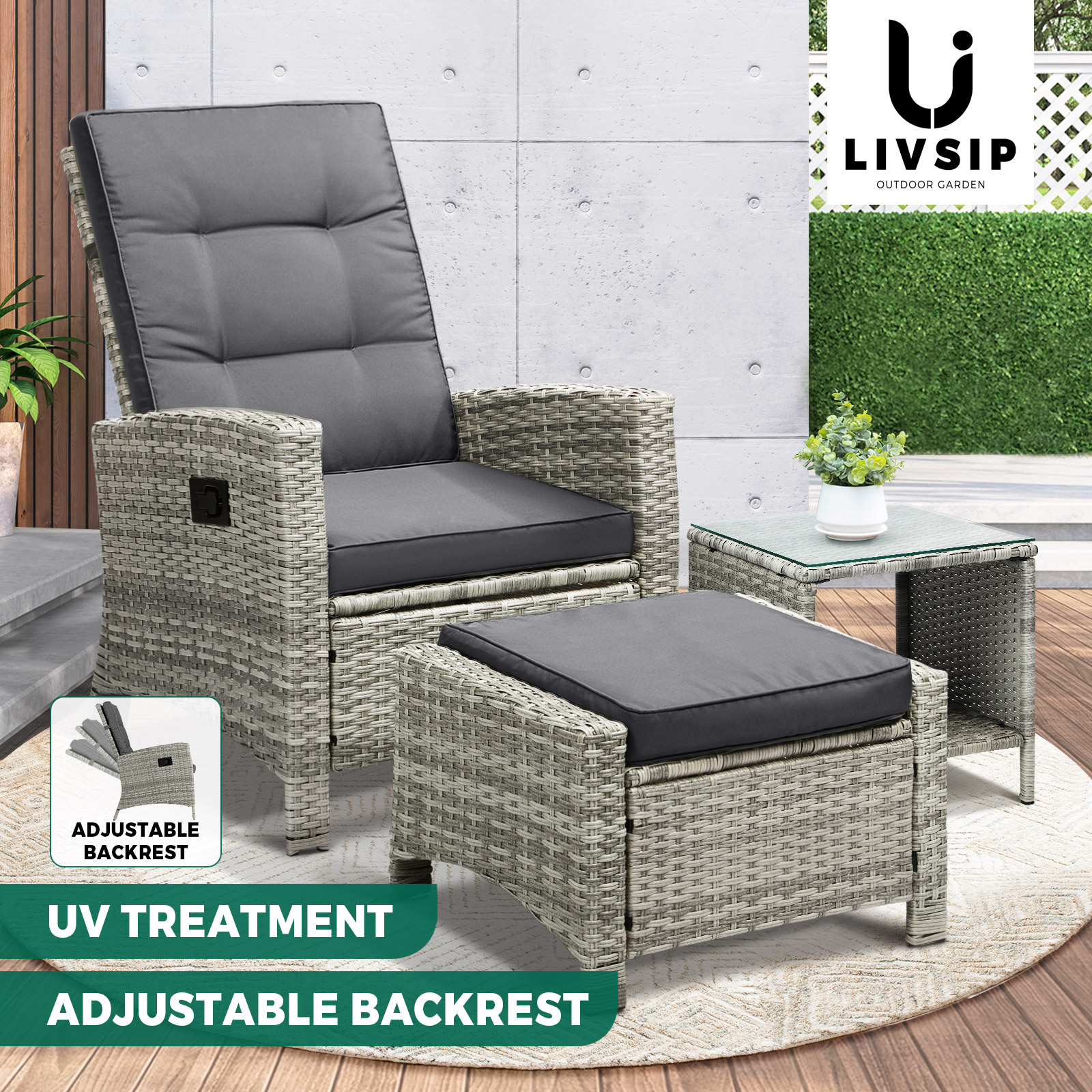 Livsip Recliner Chairs Outdoor Sun Lounge Wicker Sofa Patio Furniture Setting - Picture 14 of 97