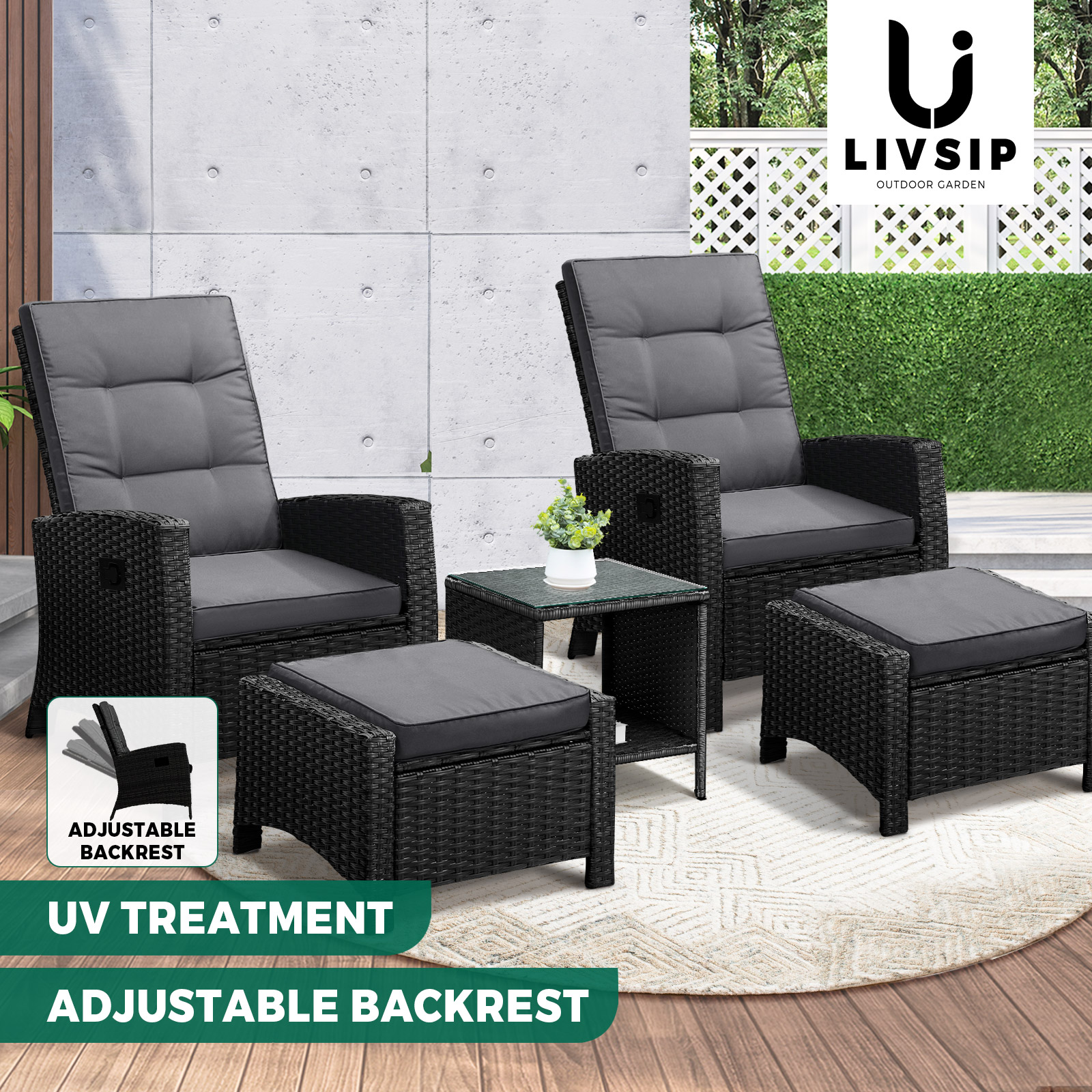 Livsip Recliner Chairs Outdoor Sun Lounge Wicker Sofa Patio Furniture Setting - Picture 22 of 97