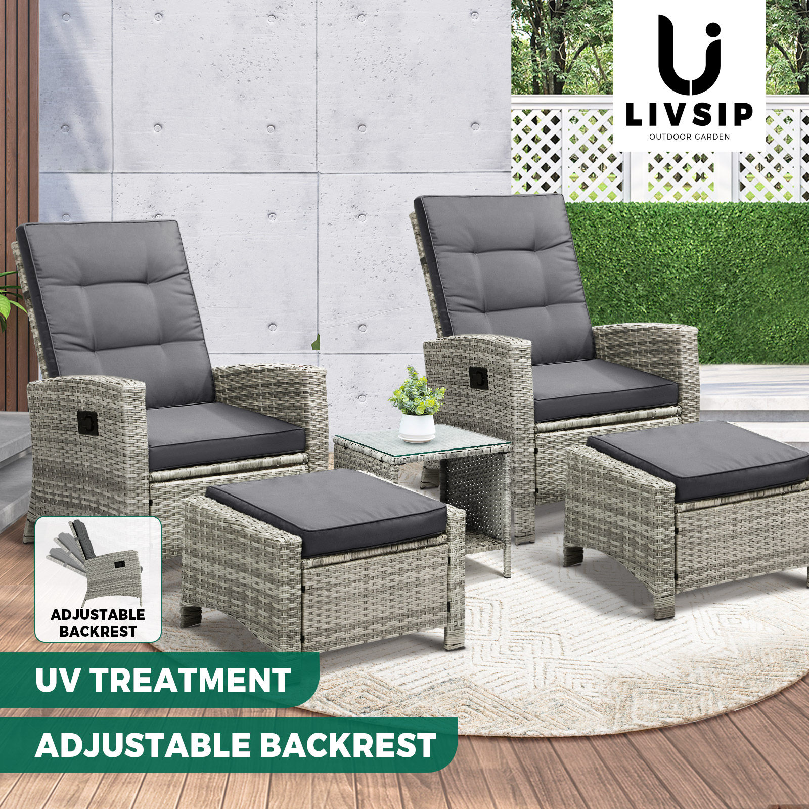 Livsip Recliner Chairs Outdoor Sun Lounge Wicker Sofa Patio Furniture Setting - Picture 30 of 97