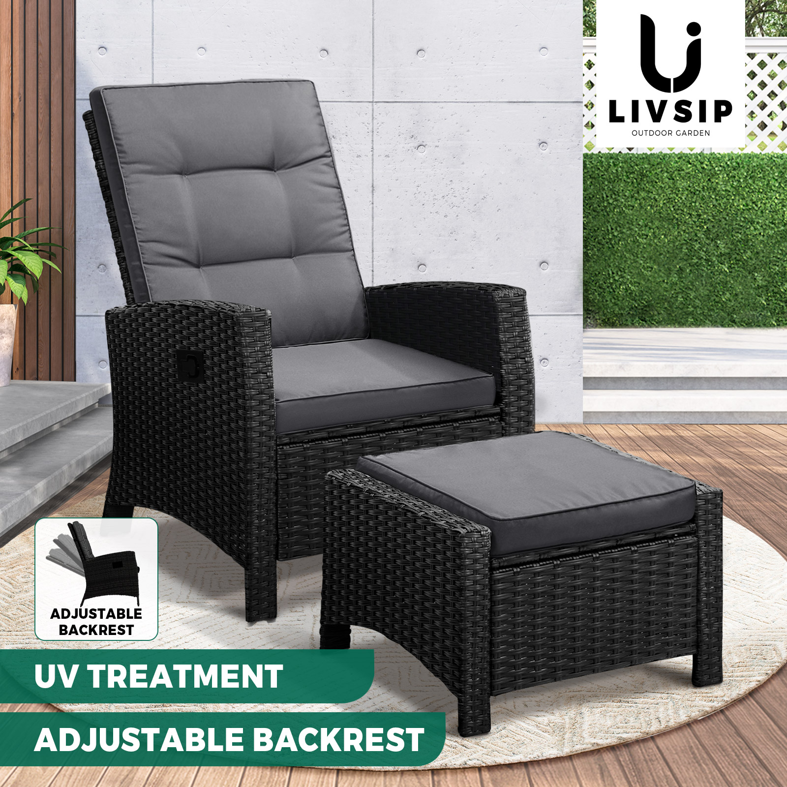 Livsip Recliner Chairs Outdoor Sun Lounge Wicker Sofa Patio Furniture Setting - Picture 38 of 97