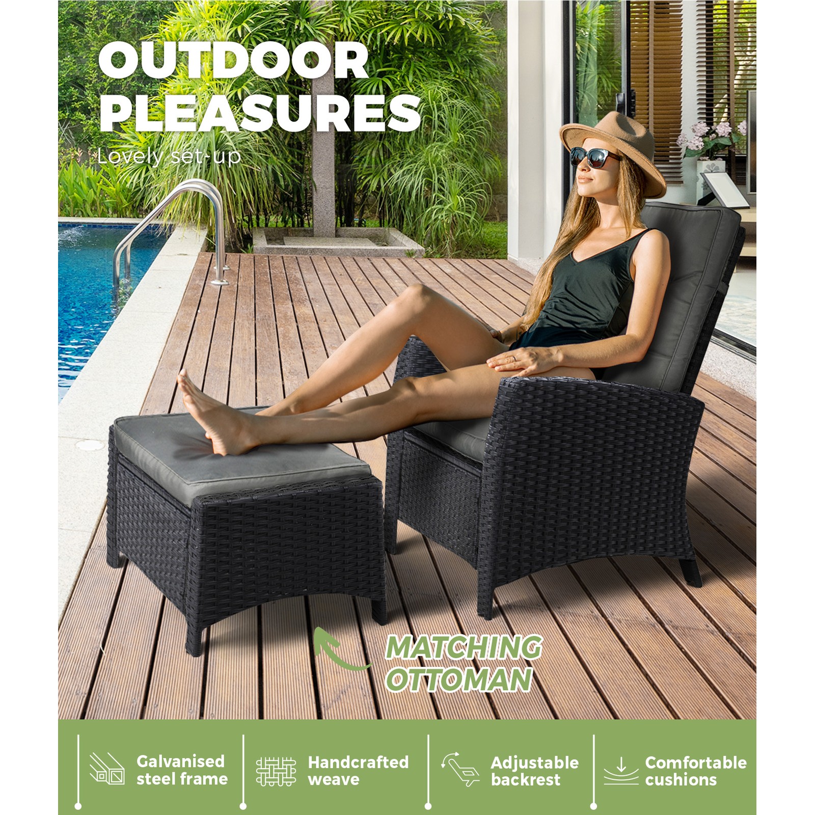Livsip Recliner Chairs Outdoor Sun Lounge Wicker Sofa Patio Furniture Setting - Picture 39 of 97
