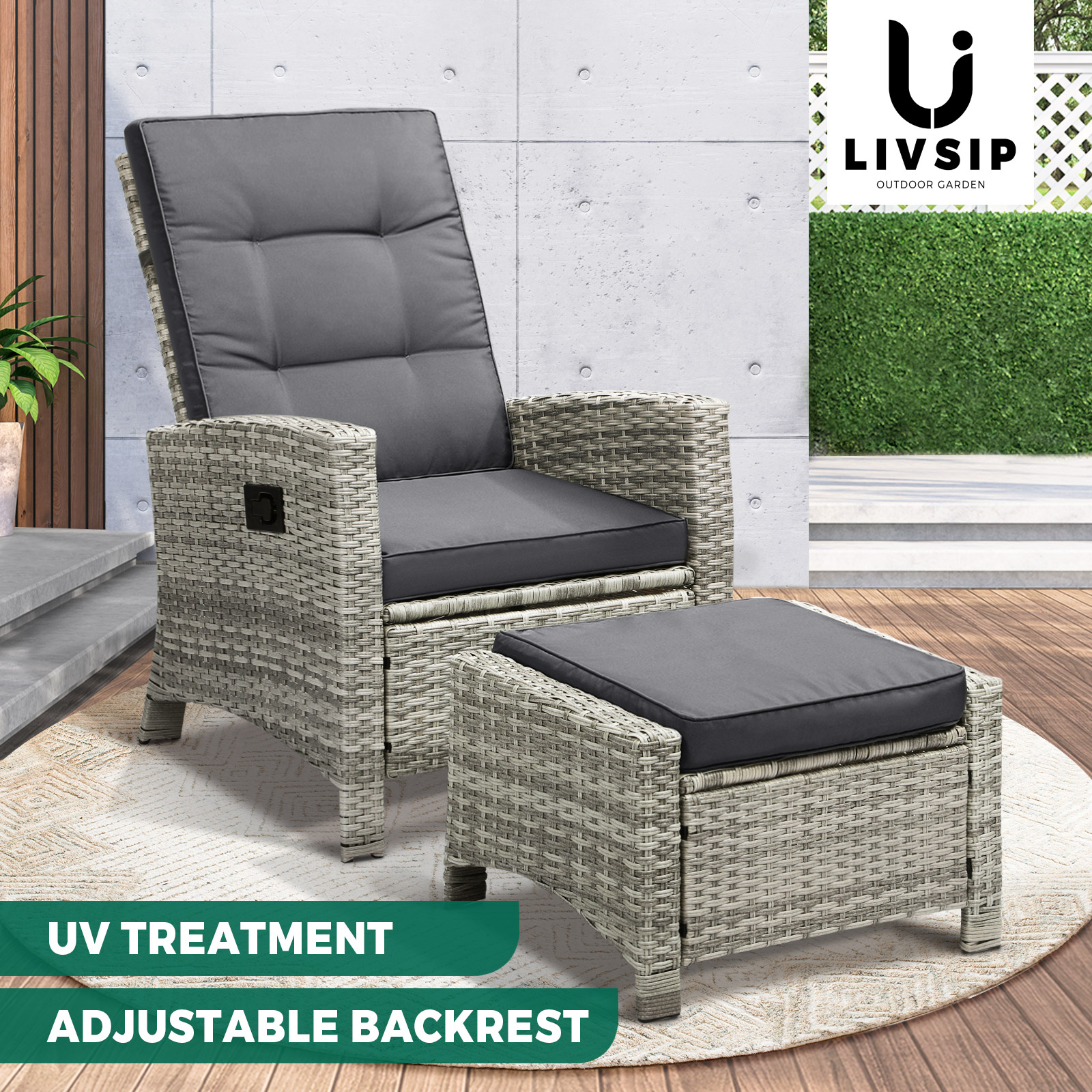 Livsip Recliner Chairs Outdoor Sun Lounge Wicker Sofa Patio Furniture Setting - Picture 47 of 97