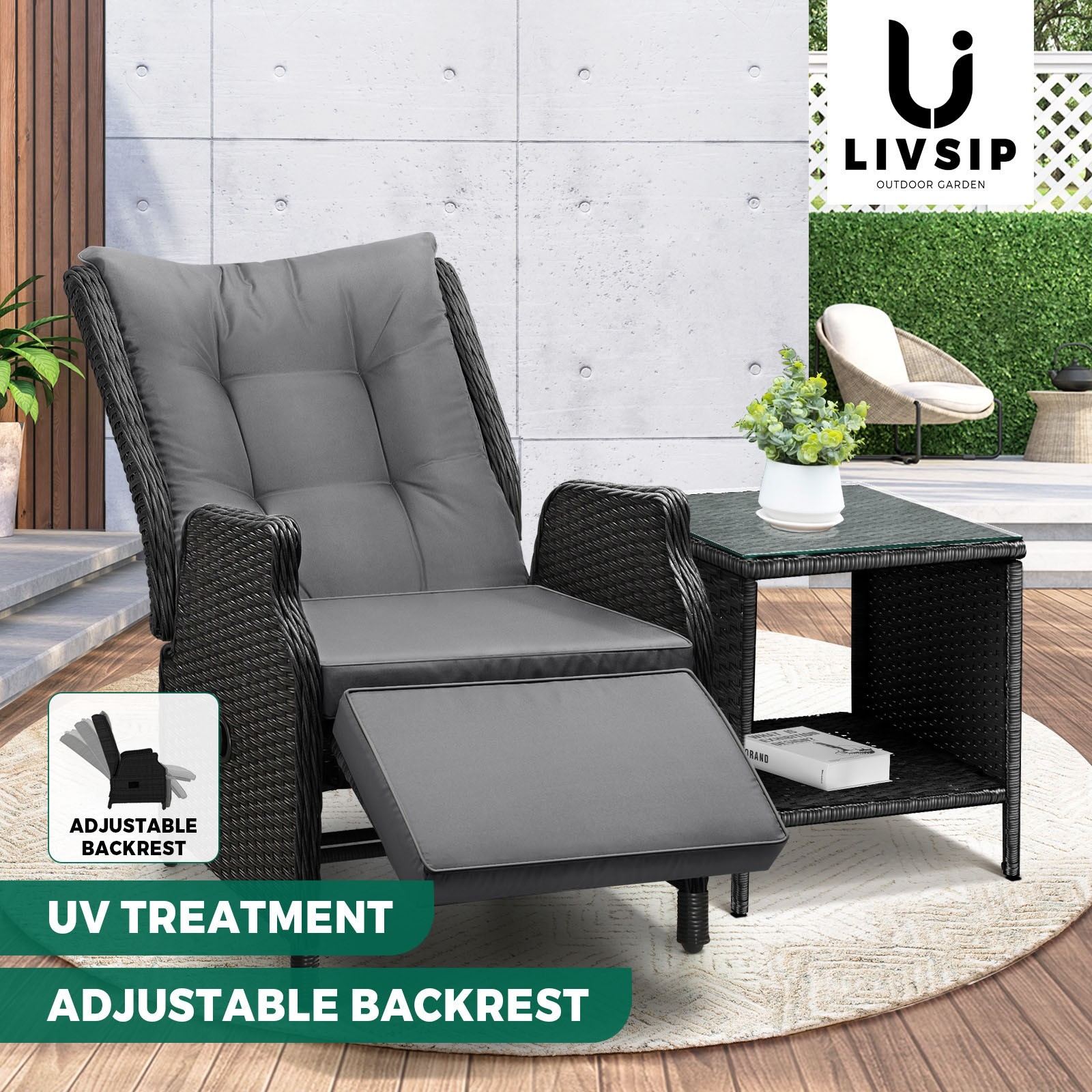 Livsip Recliner Chairs Outdoor Sun Lounge Wicker Sofa Patio Furniture Setting - Picture 90 of 97