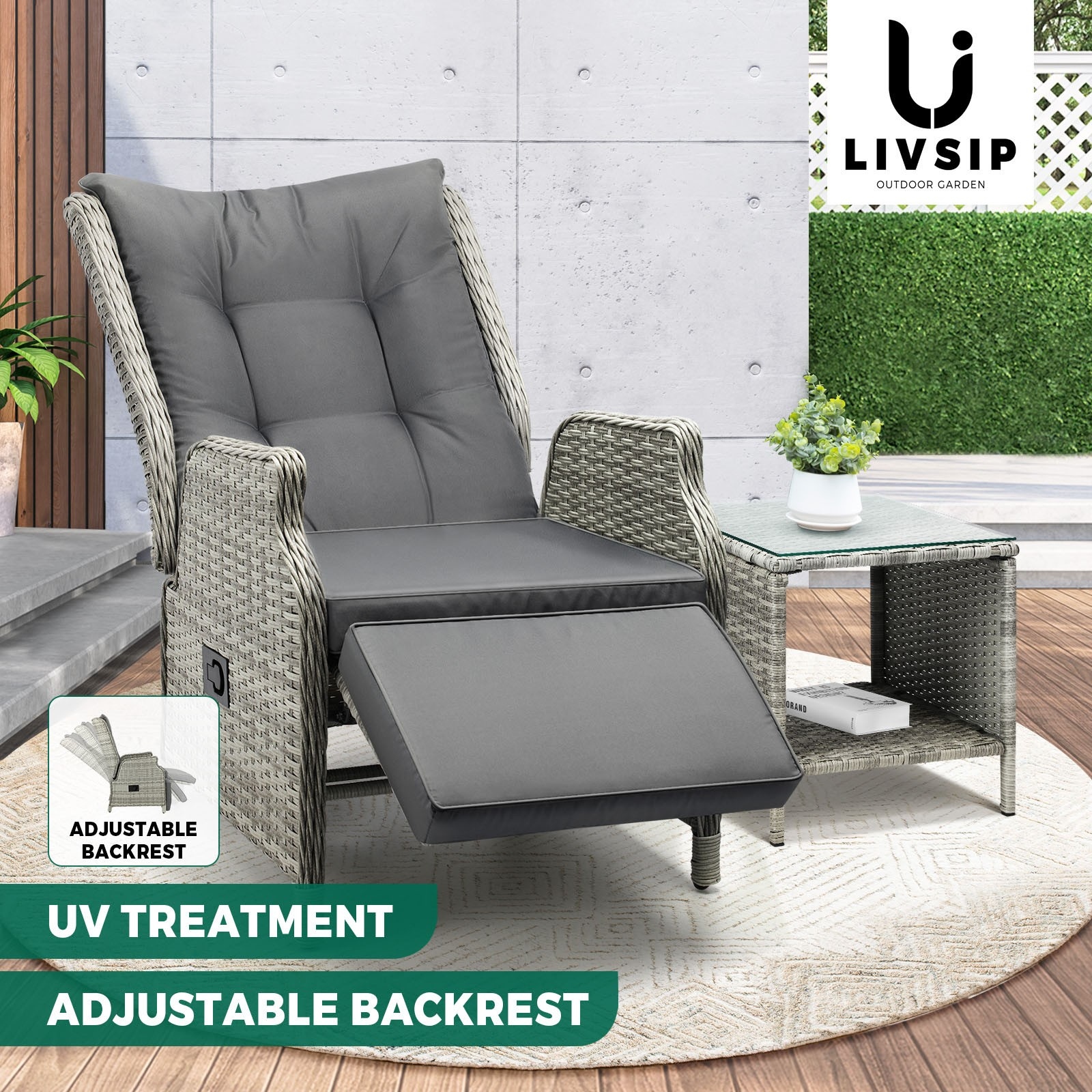 Livsip Recliner Chairs Outdoor Sun Lounge Wicker Sofa Patio Furniture Setting - Picture 94 of 97