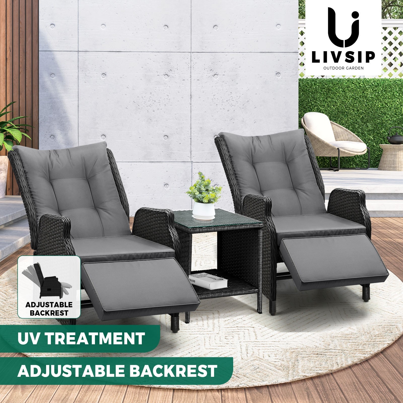 Livsip Recliner Chairs Outdoor Sun Lounge Wicker Sofa Patio Furniture Setting - Picture 82 of 97