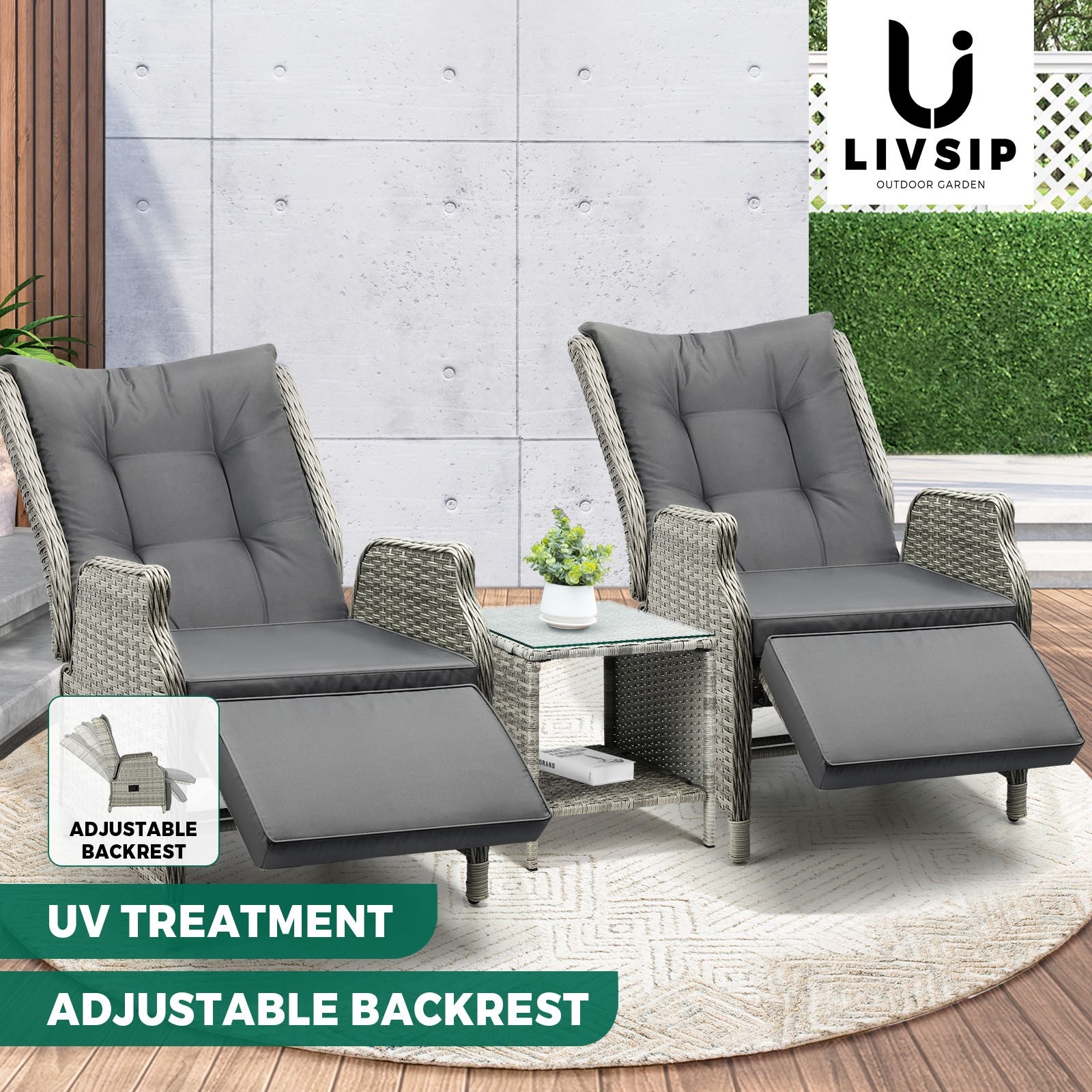 Livsip Recliner Chairs Outdoor Sun Lounge Wicker Sofa Patio Furniture Setting - Picture 86 of 97