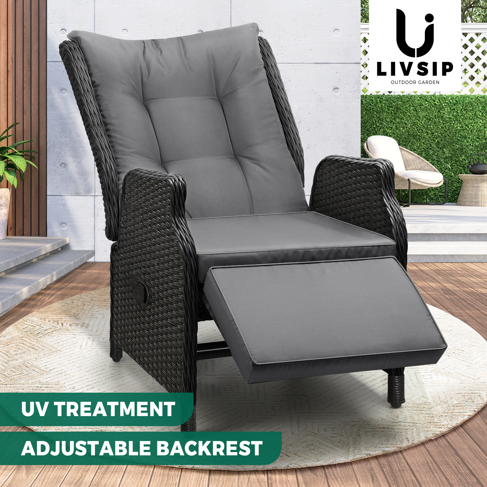 Livsip Recliner Chairs Outdoor Sun Lounge Wicker Sofa Patio Furniture Setting - Picture 58 of 97