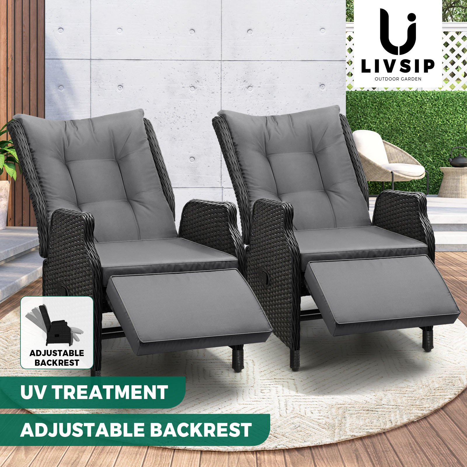 Livsip Recliner Chairs Outdoor Sun Lounge Wicker Sofa Patio Furniture Setting - Picture 74 of 97