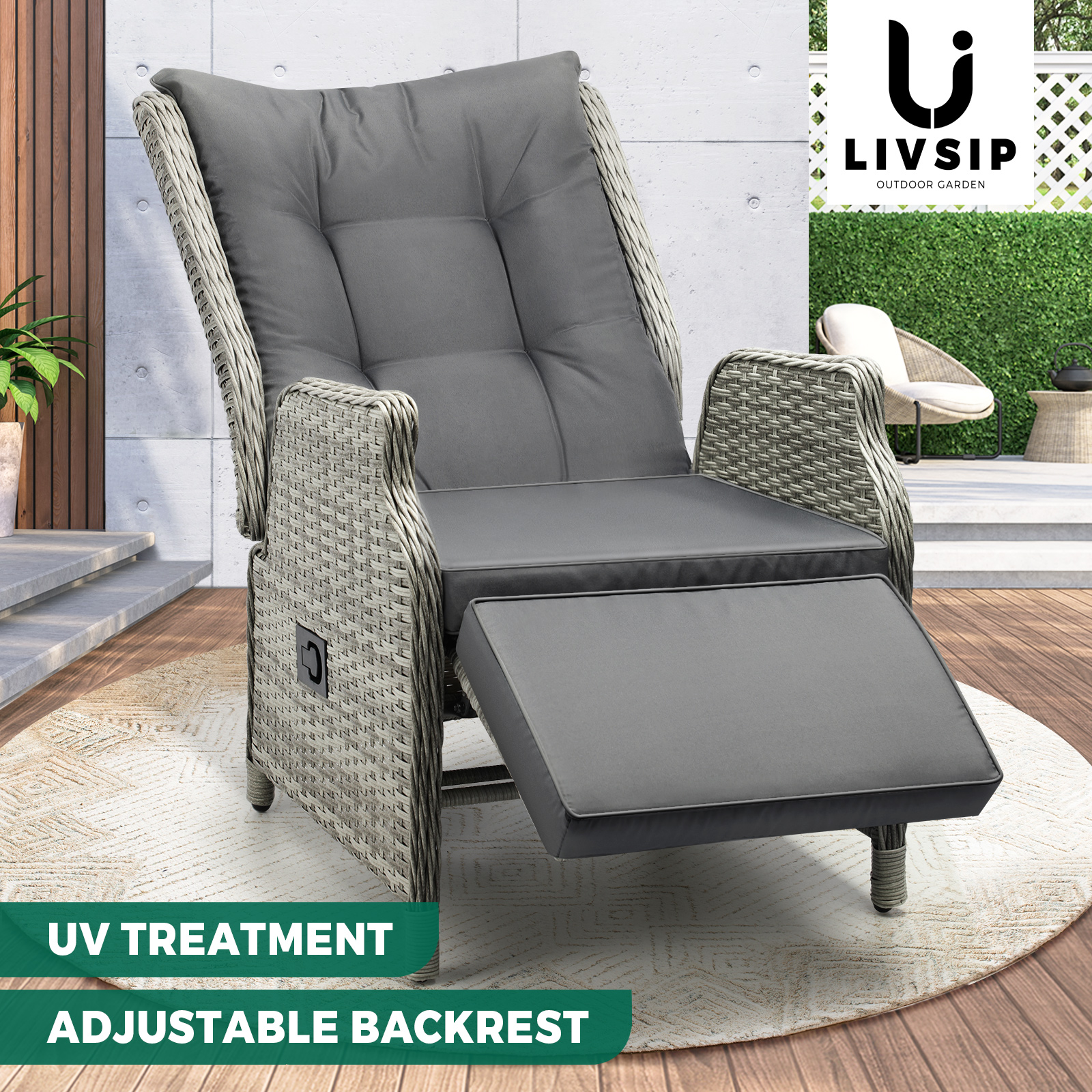 Livsip Recliner Chairs Outdoor Sun Lounge Wicker Sofa Patio Furniture Setting - Picture 66 of 97