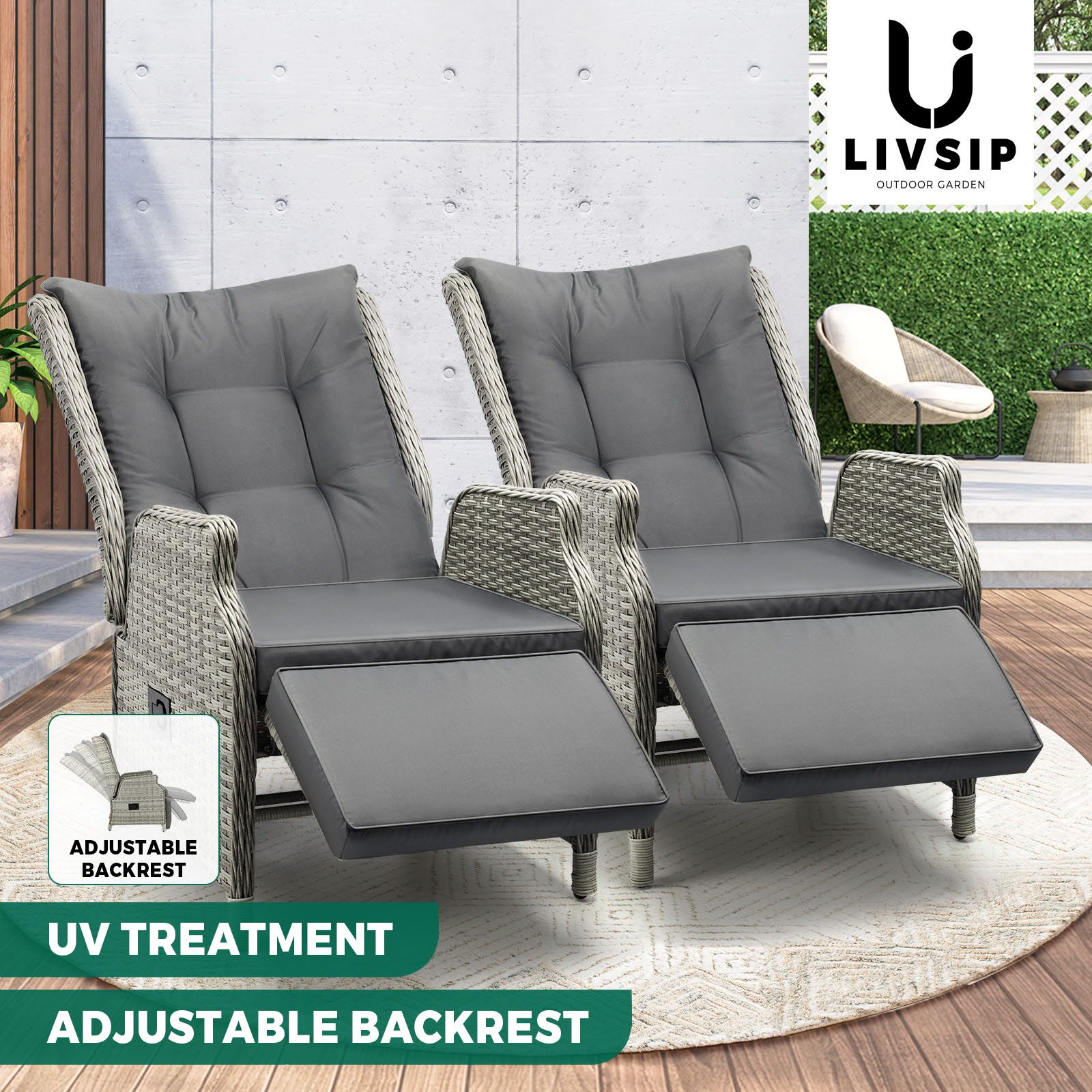 Livsip Recliner Chairs Outdoor Sun Lounge Wicker Sofa Patio Furniture Setting - Picture 78 of 97