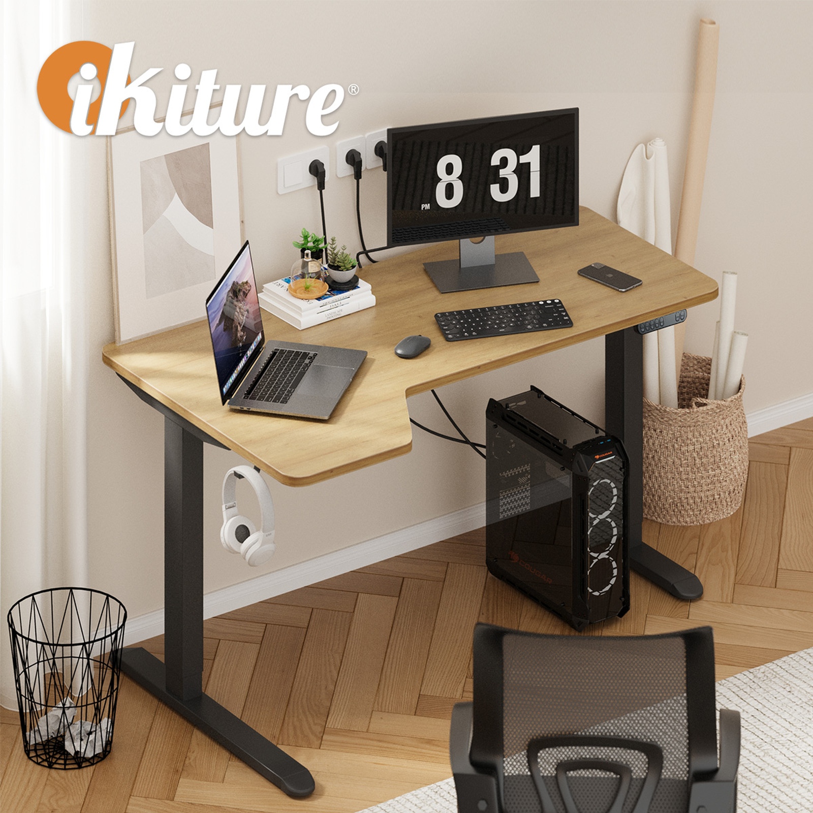 Oikiture L-shape Electric Standing Desk Single Motor Black Frame 145CM Desktop - Picture 10 of 40