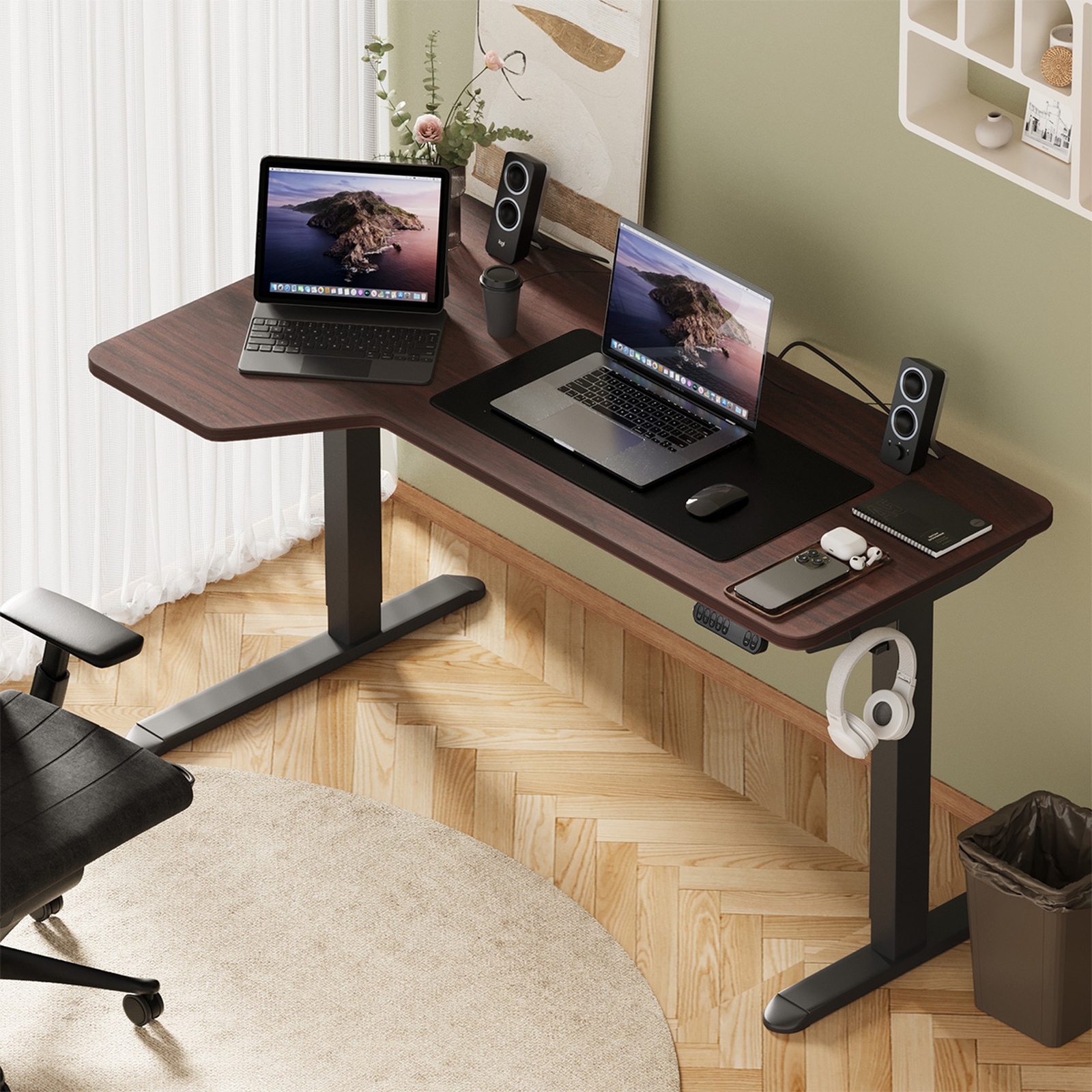 Oikiture L-shape Electric Standing Desk Single Motor Black Frame 145CM Desktop - Picture 12 of 40
