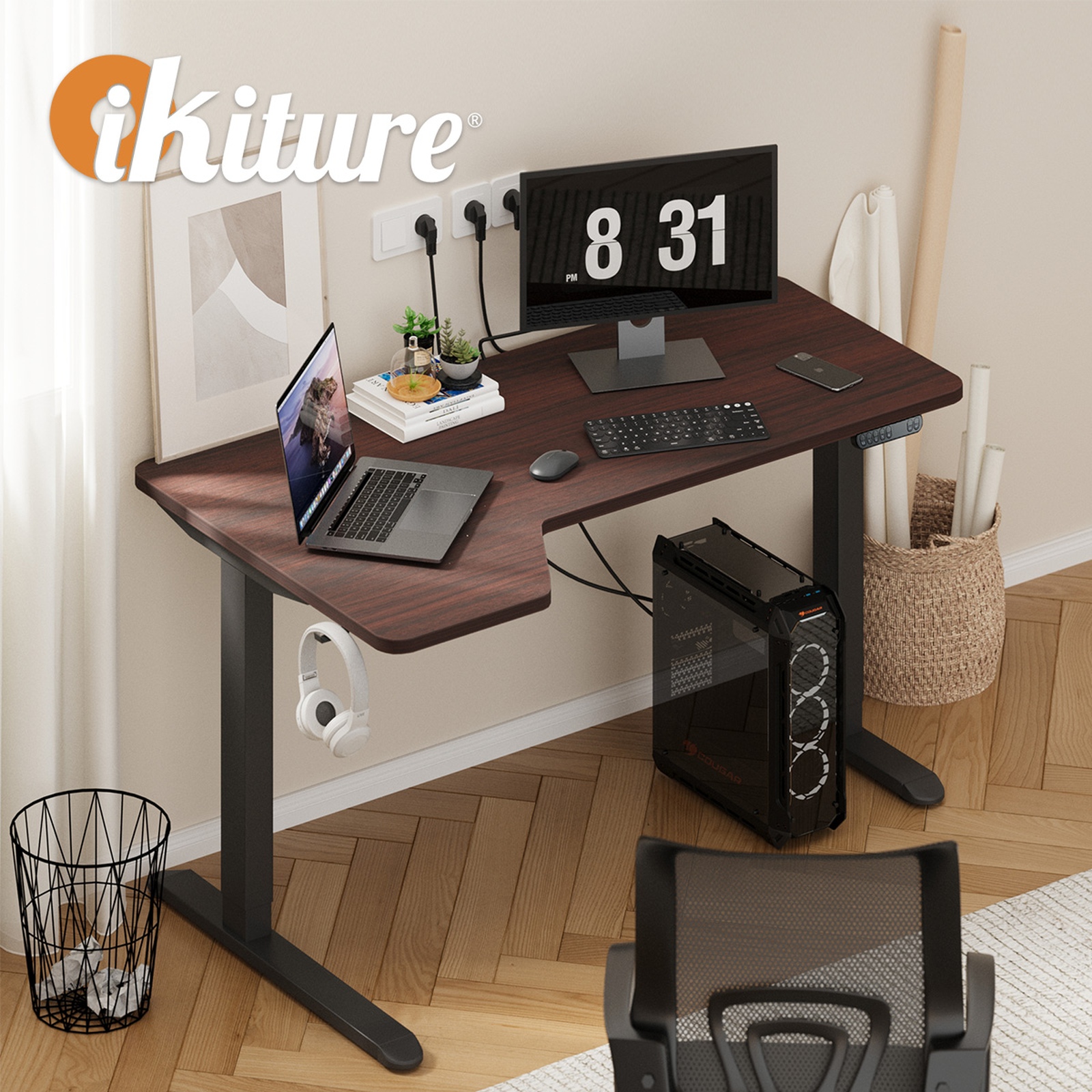 Oikiture L-shape Electric Standing Desk Single Motor Black Frame 145CM Desktop - Picture 18 of 40