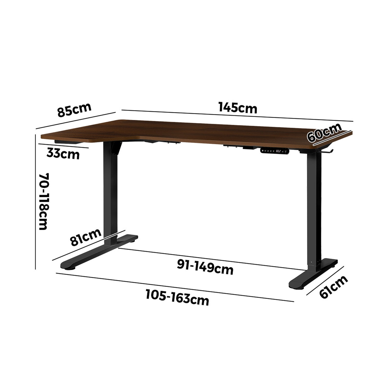 Oikiture L-shape Electric Standing Desk Single Motor Black Frame 145CM Desktop - Picture 20 of 40