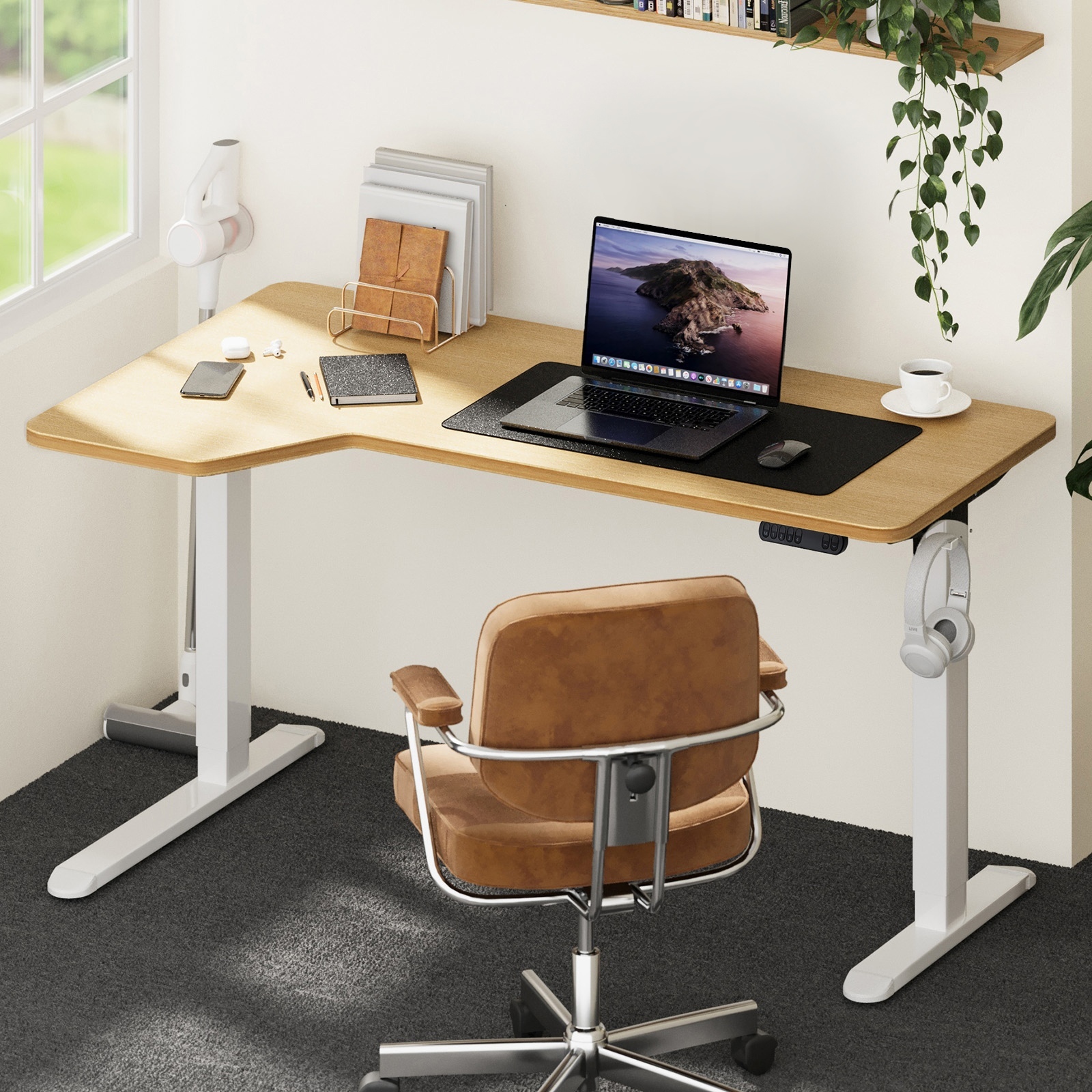 Oikiture L-shape Electric Standing Desk Single Motor Black Frame 145CM Desktop - Picture 21 of 40