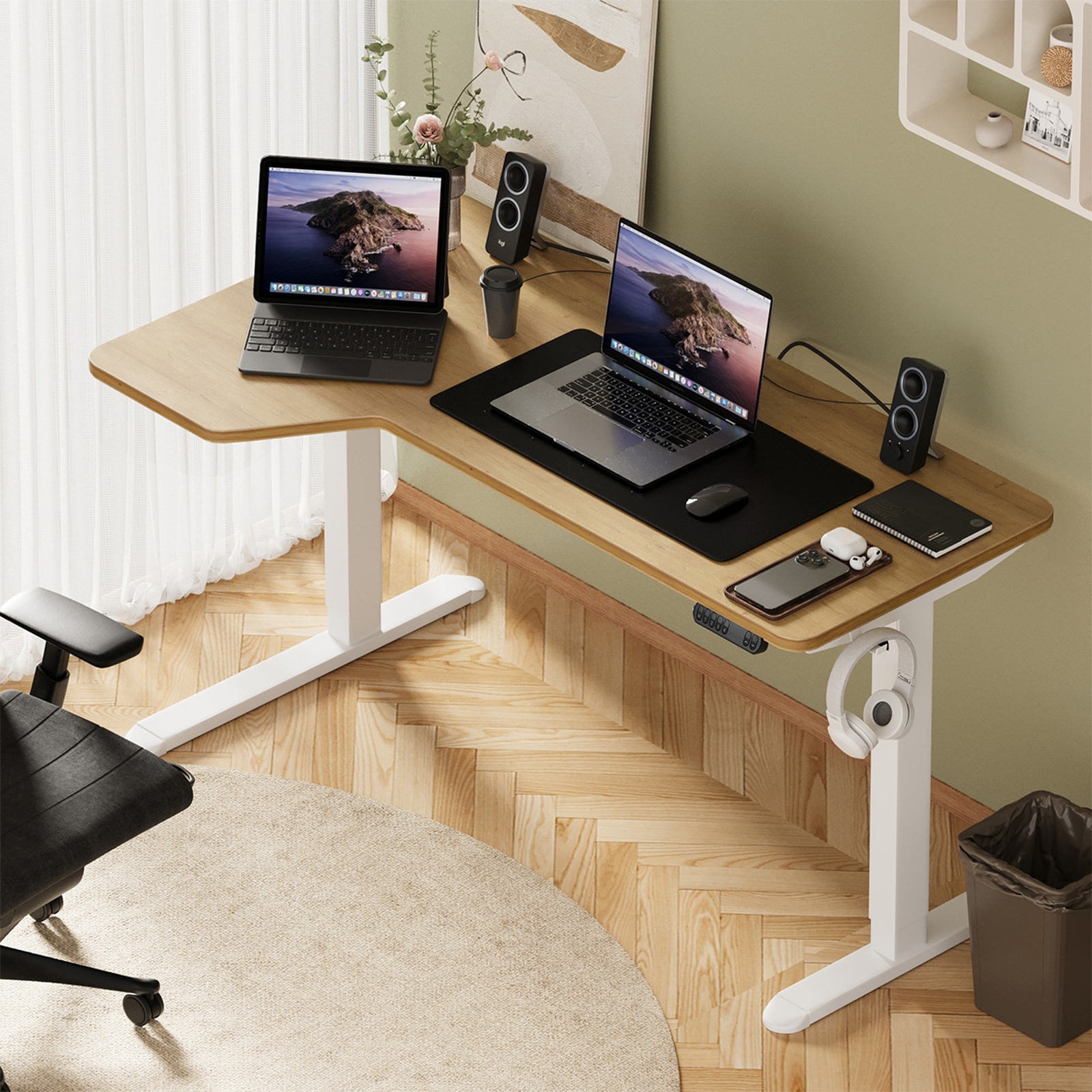 Oikiture L-shape Electric Standing Desk Single Motor Black Frame 145CM Desktop - Picture 22 of 40