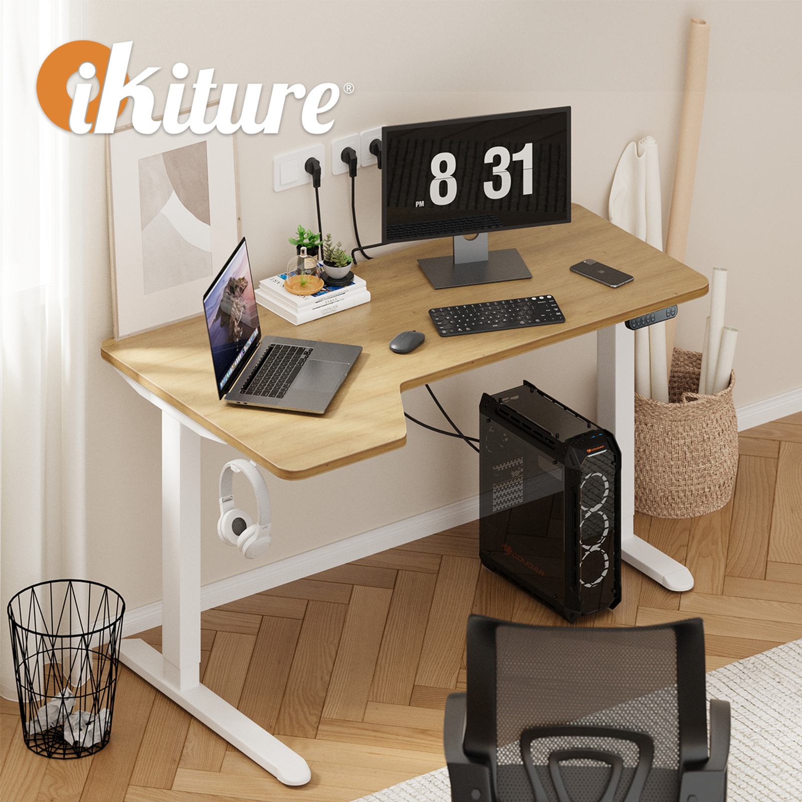Oikiture L-shape Electric Standing Desk Single Motor Black Frame 145CM Desktop - Picture 28 of 40