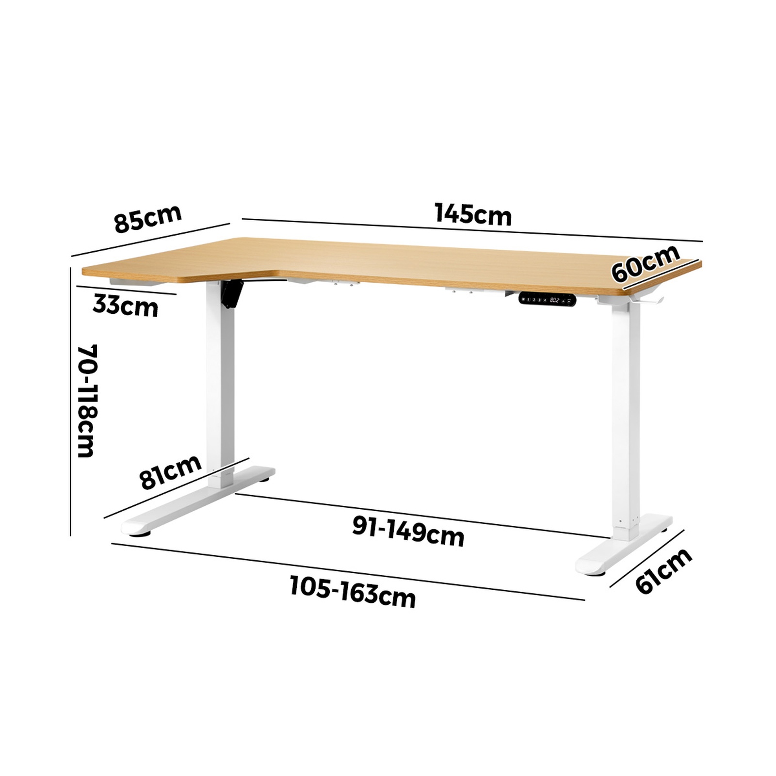 Oikiture L-shape Electric Standing Desk Single Motor Black Frame 145CM Desktop - Picture 30 of 40