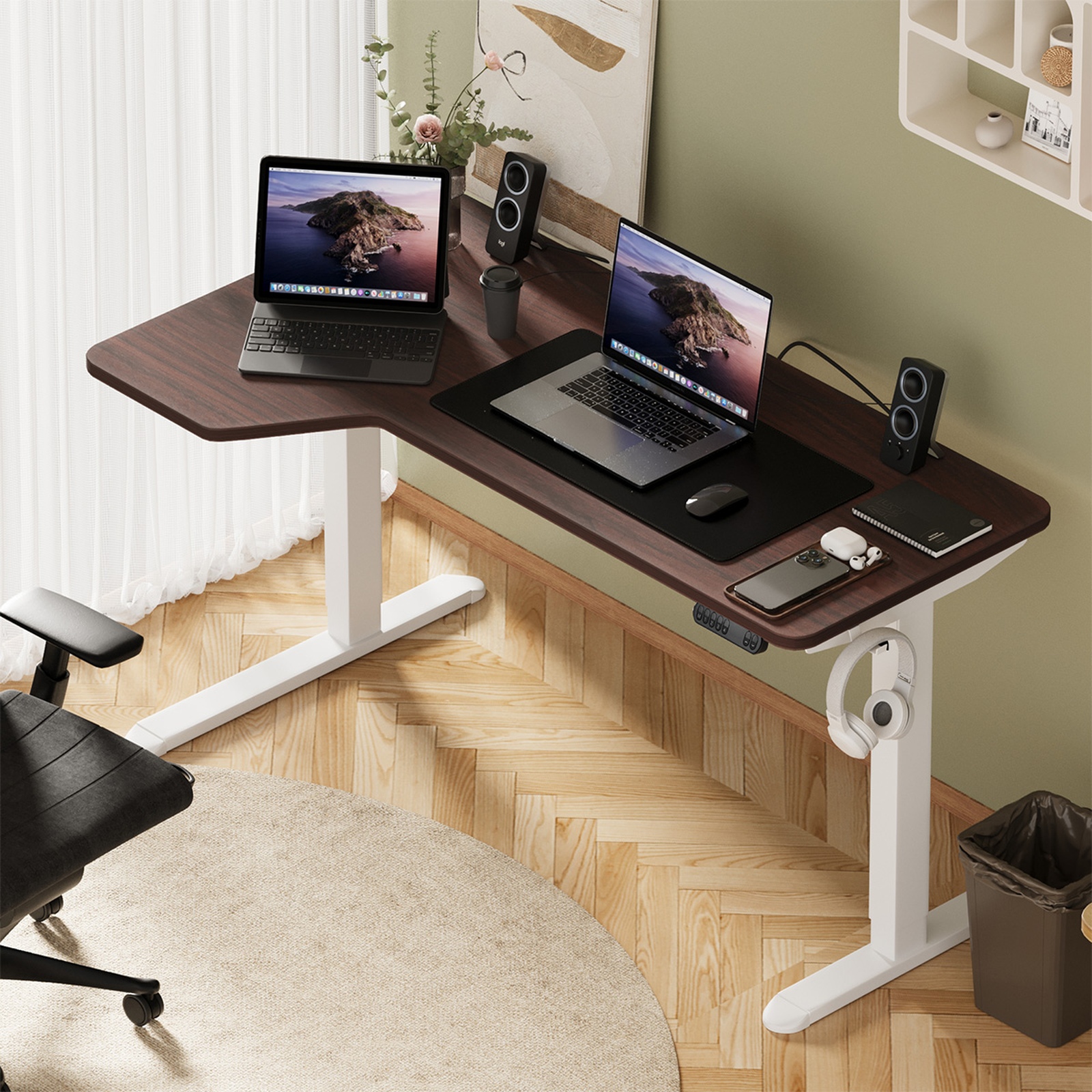 Oikiture L-shape Electric Standing Desk Single Motor Black Frame 145CM Desktop - Picture 32 of 40