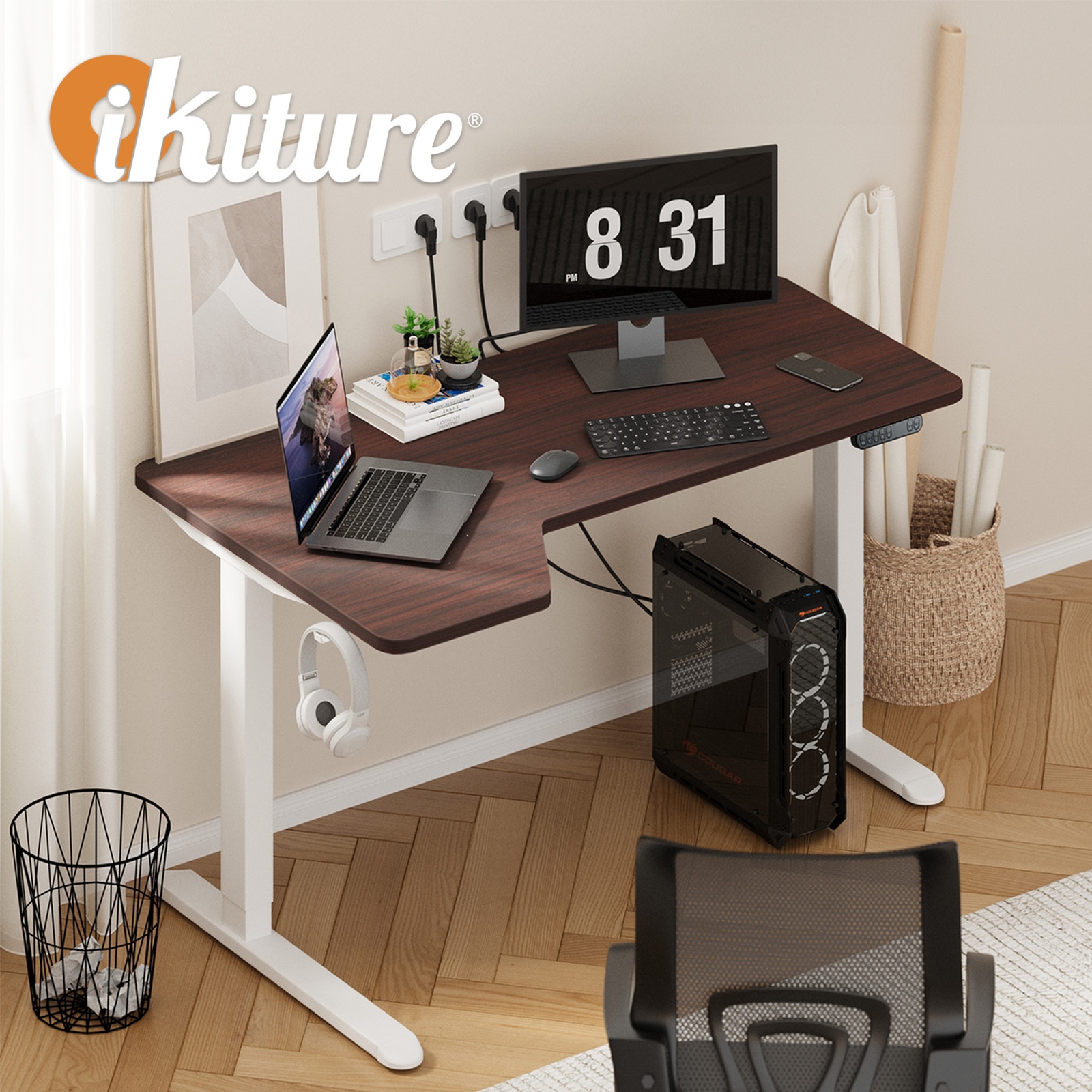 Oikiture L-shape Electric Standing Desk Single Motor Black Frame 145CM Desktop - Picture 38 of 40