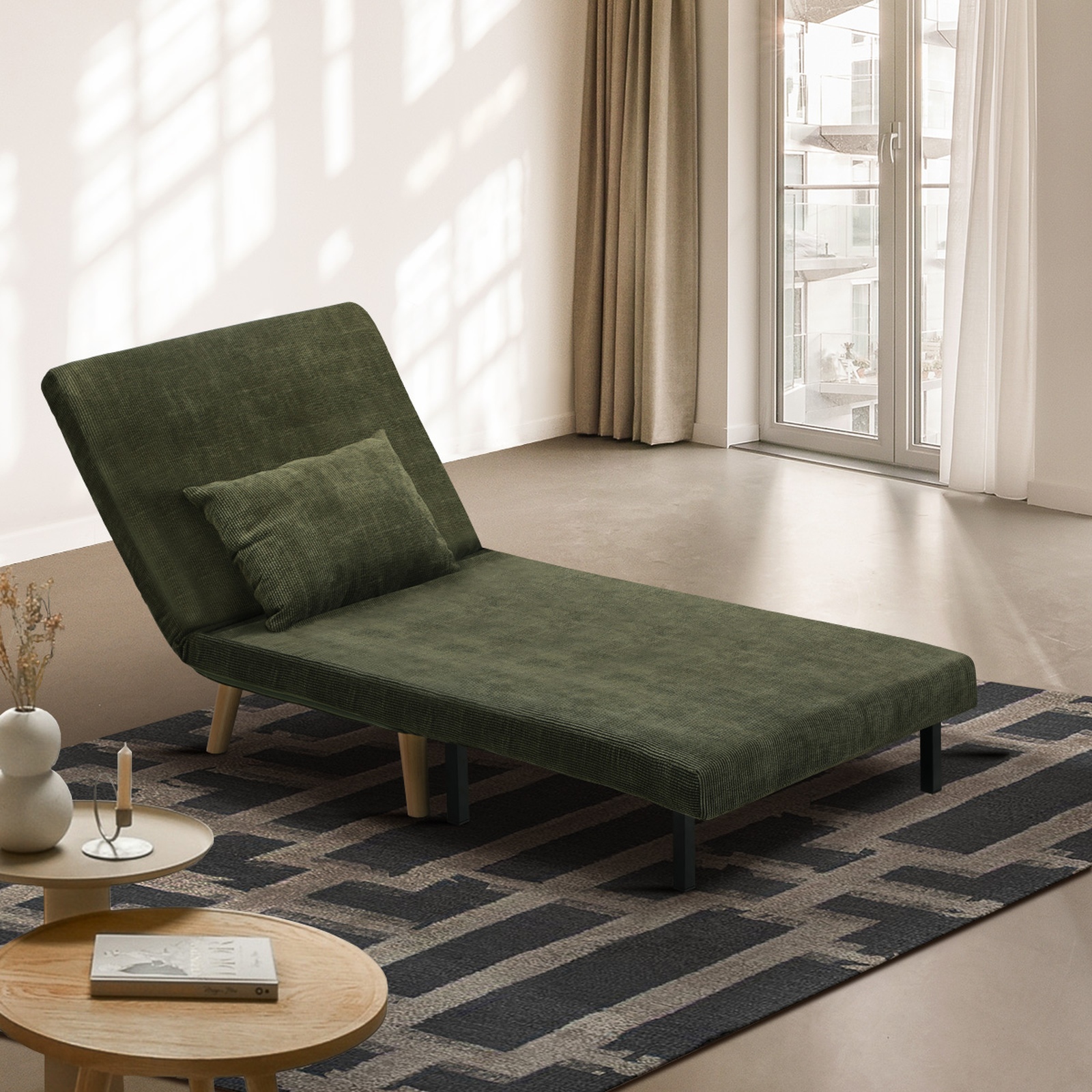 Oikiture Folding Sofa Bed Lounge Singe Chair Recliner Chaise Sherpa/Velvet/Linen - Picture 30 of 37
