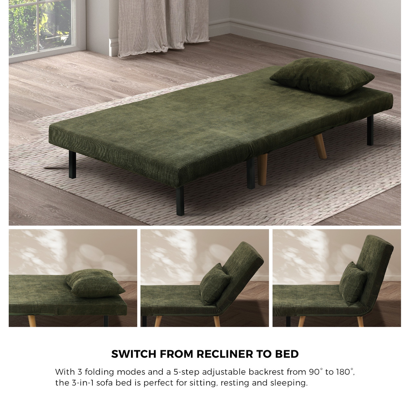 Oikiture Folding Sofa Bed Lounge Singe Chair Recliner Chaise Sherpa/Velvet/Linen - Picture 31 of 37