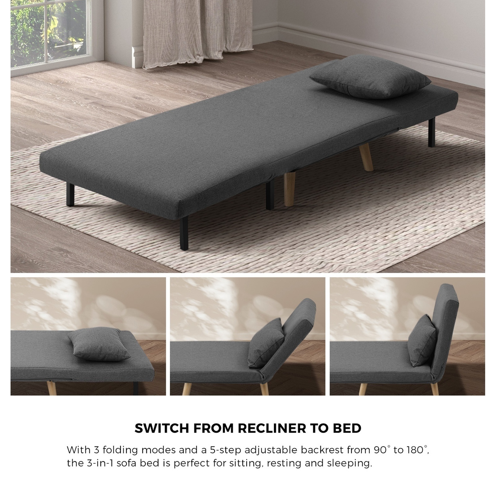 Oikiture Folding Sofa Bed Lounge Singe Chair Recliner Chaise Sherpa/Velvet/Linen - Picture 13 of 37