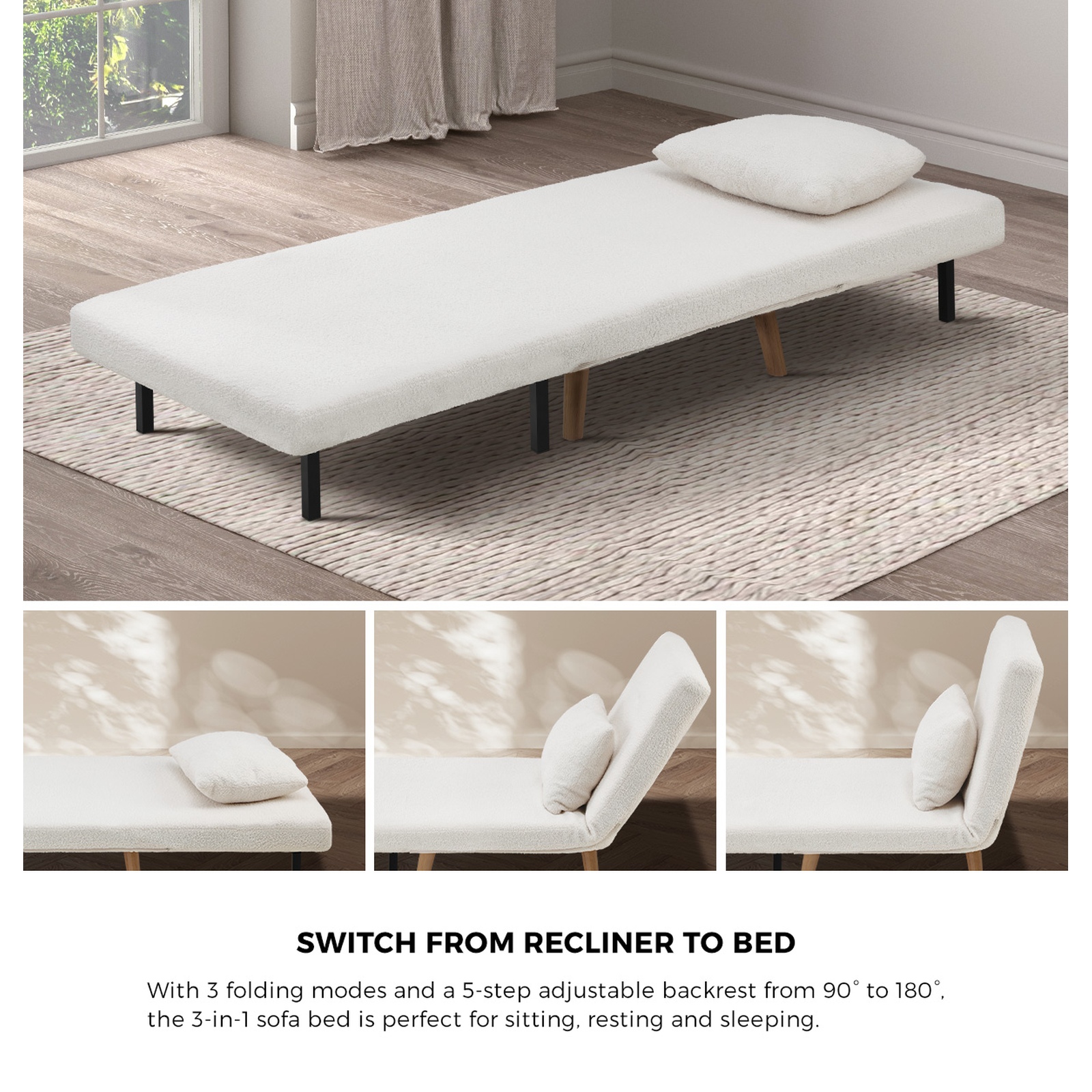 Oikiture Folding Sofa Bed Lounge Singe Chair Recliner Chaise Sherpa/Velvet/Linen - Picture 22 of 37