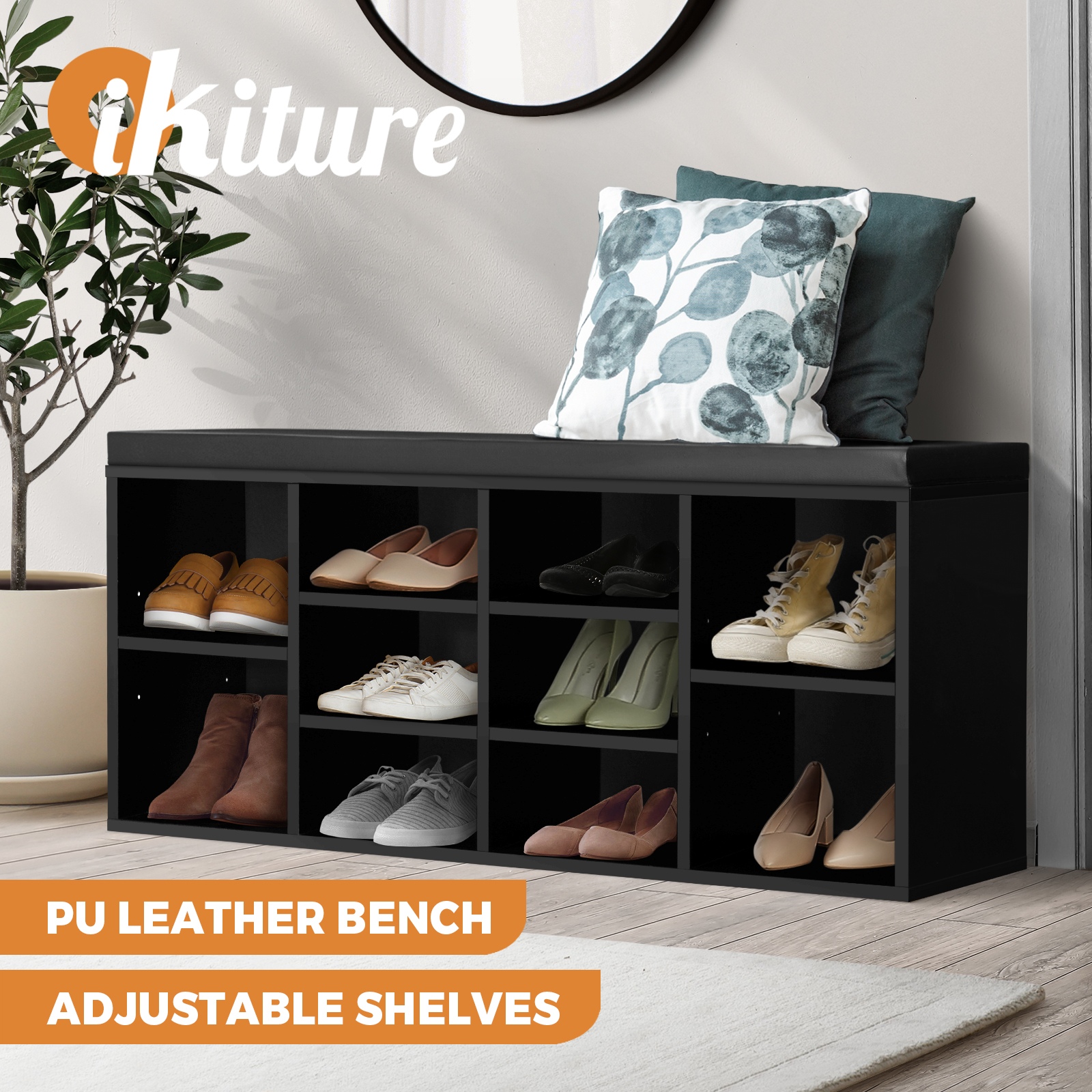 Oikiture Shoe Cabinet Bench Shoe Storage Rack PU Padded Seat Organiser Cupboard - Picture 6 of 23