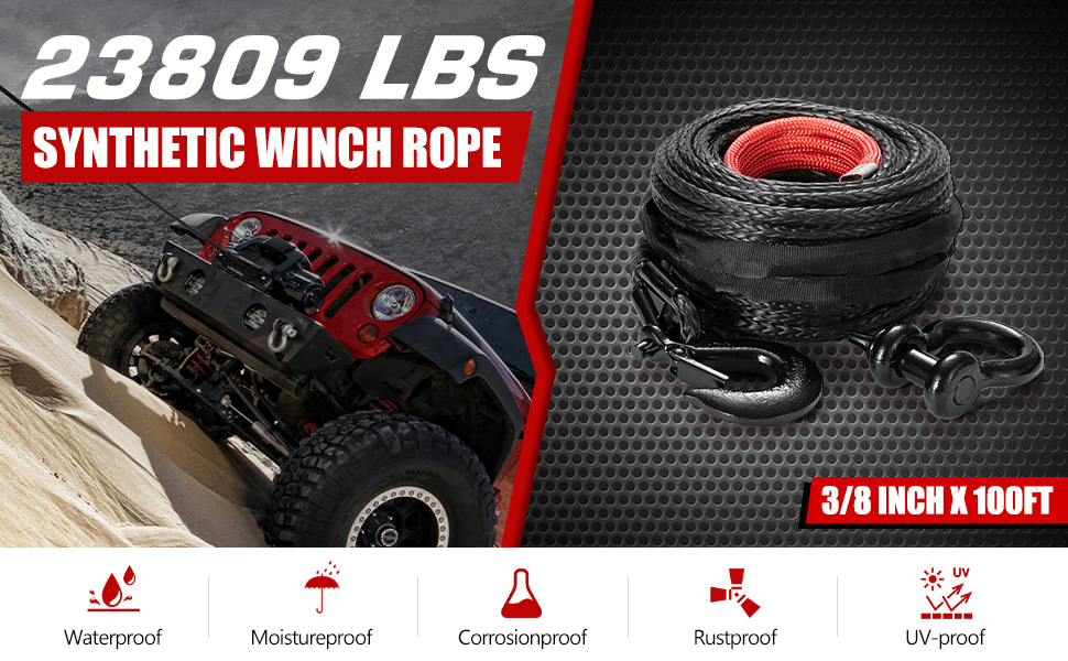 Synthetic Winch Rope with Hook 3/8 x 100' - 23,809 Ibs (Black