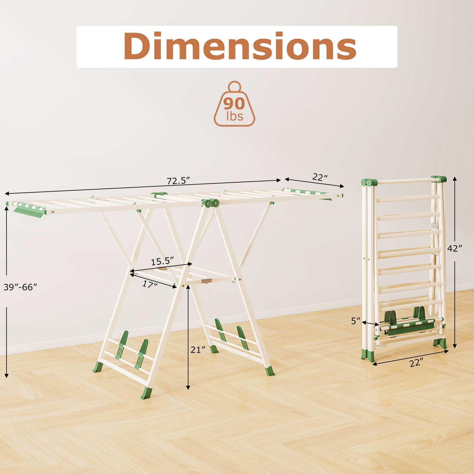 Foldable Metal Laundry Drying Rack w/Height Adjustable Wings, 20 Drying Rails