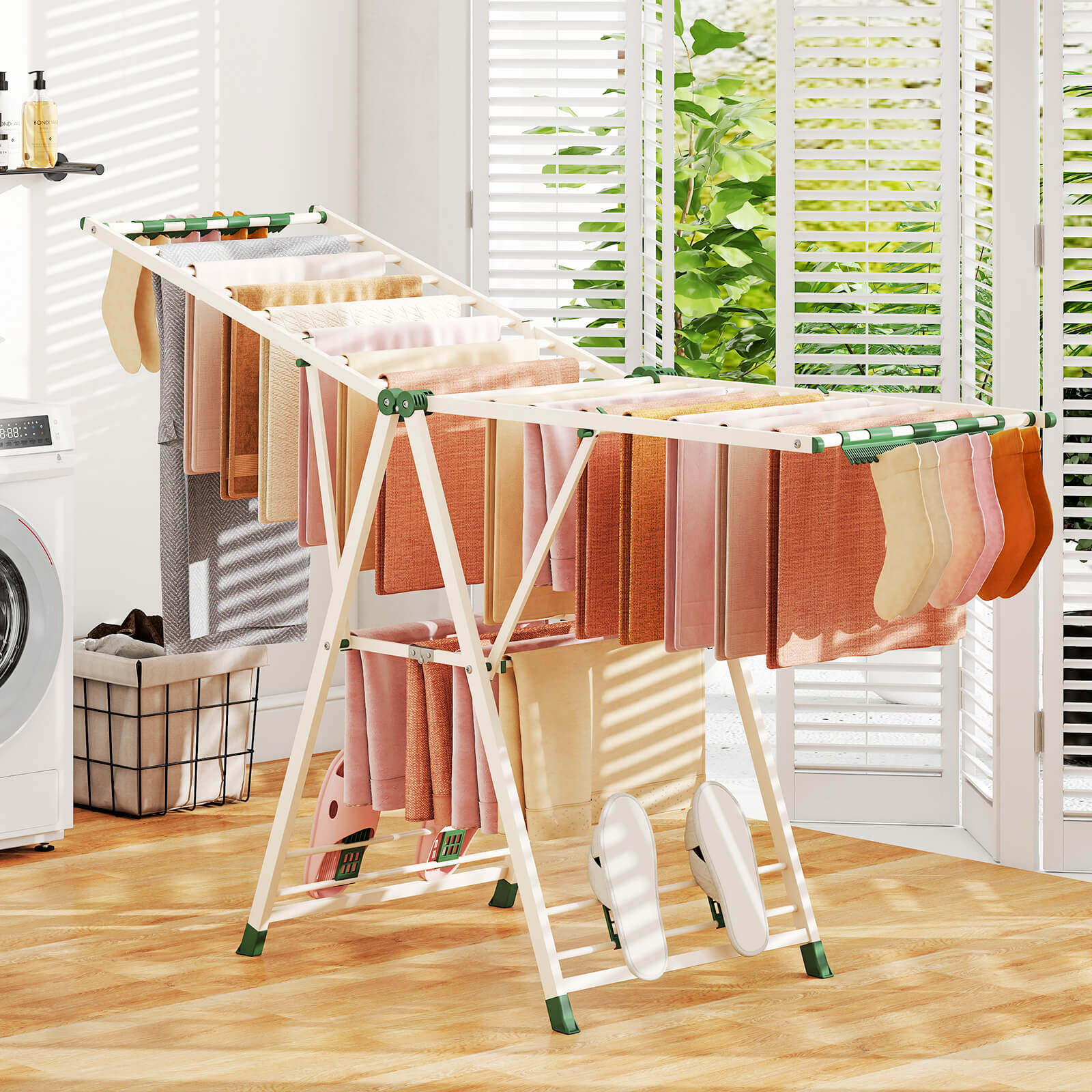 Foldable Metal Laundry Drying Rack w/Height Adjustable Wings, 20 Drying Rails