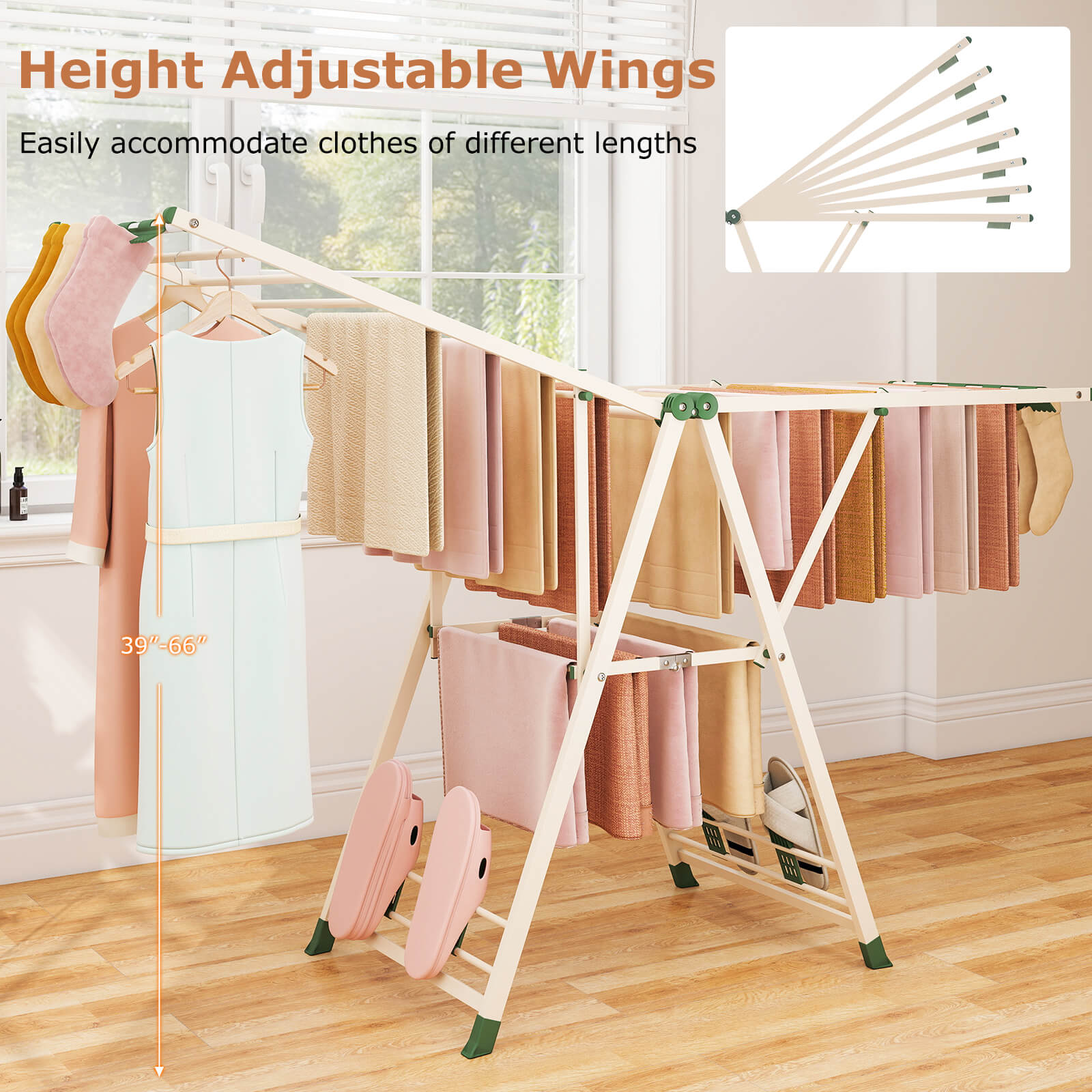 Foldable Metal Laundry Drying Rack w/Height Adjustable Wings, 20 Drying Rails