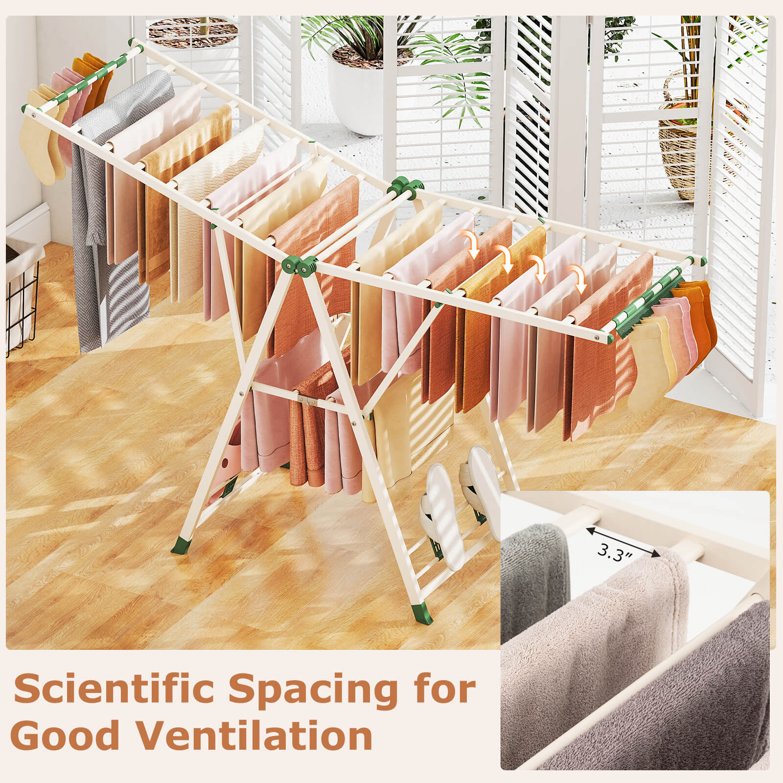 Foldable Metal Laundry Drying Rack w/Height Adjustable Wings, 20 Drying Rails