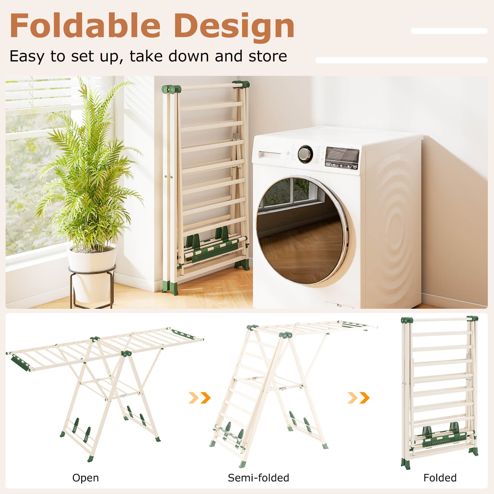 Foldable Metal Laundry Drying Rack w/Height Adjustable Wings, 20 Drying Rails