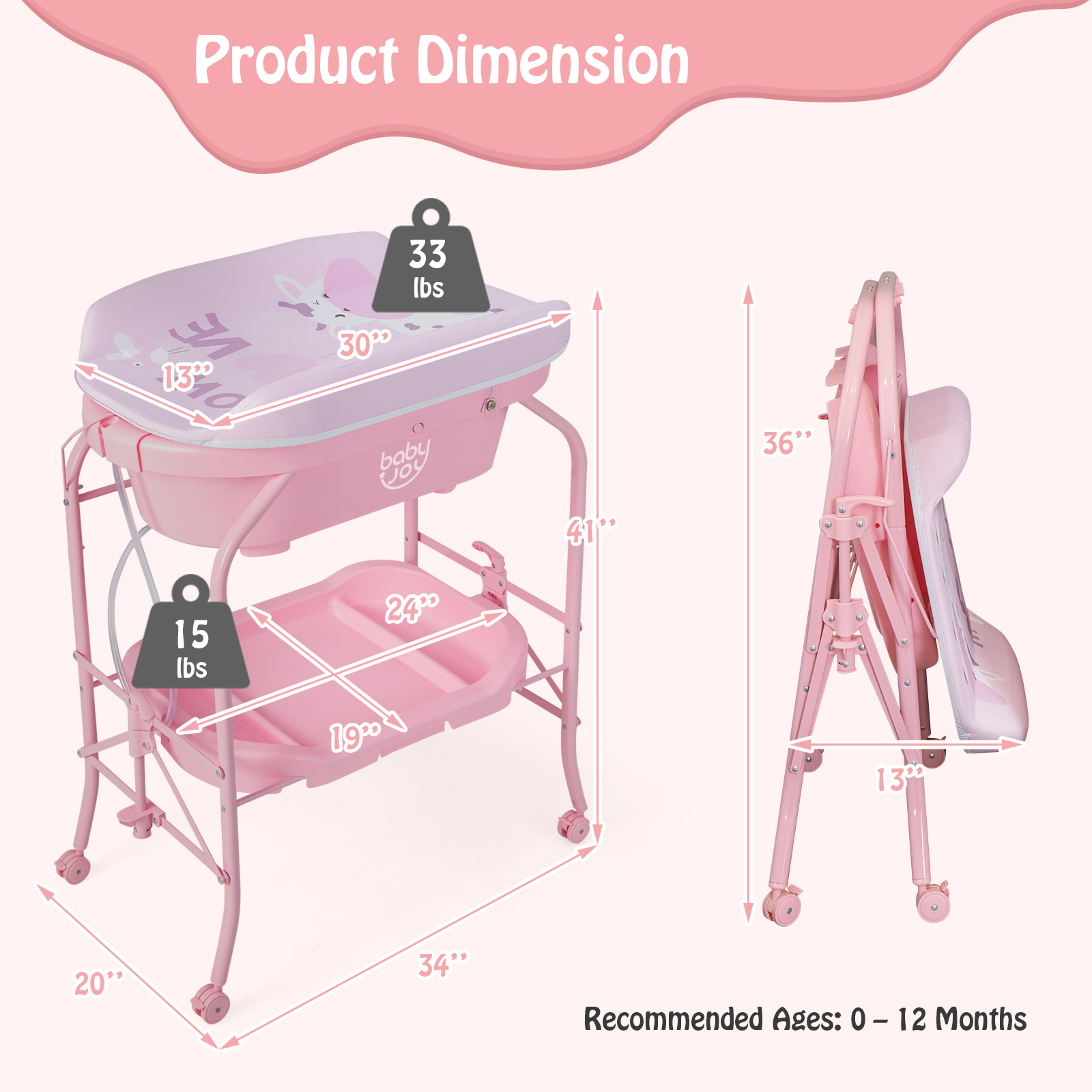 Baby Changing Table w/Bathtub, Folding & Portable Diaper Station w/Wheels  Pink 6473512426370 | eBay