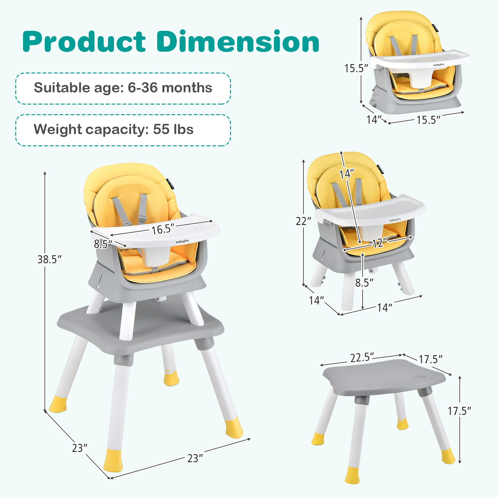 8-in-1 Baby High Chair Dining Booster Seat w/ Removable Dishwasher Safe Tray
