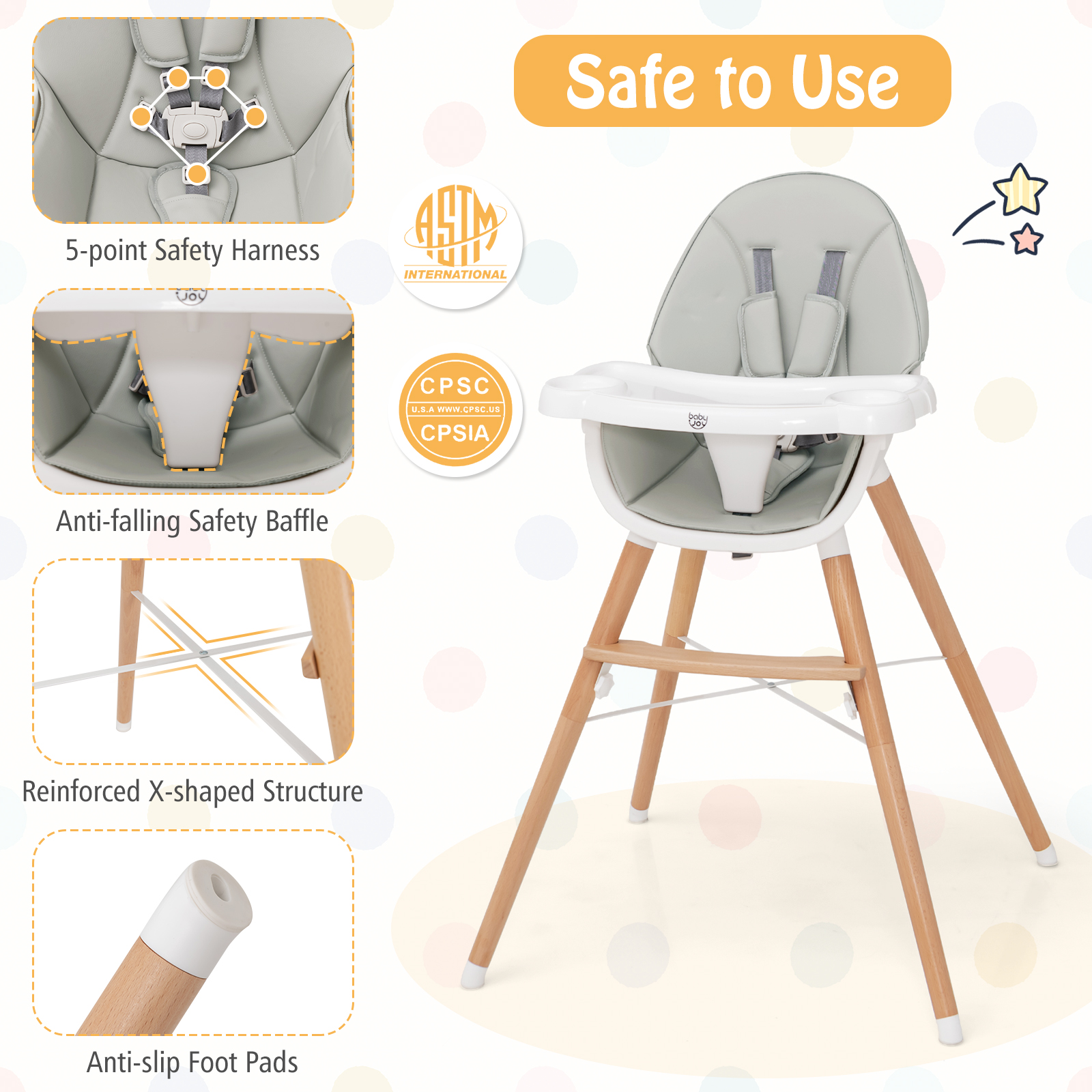 Baby High Chair Wooden Feeding Chair w/ 4-Gear Tray & Removable Cushion - Picture 14 of 16